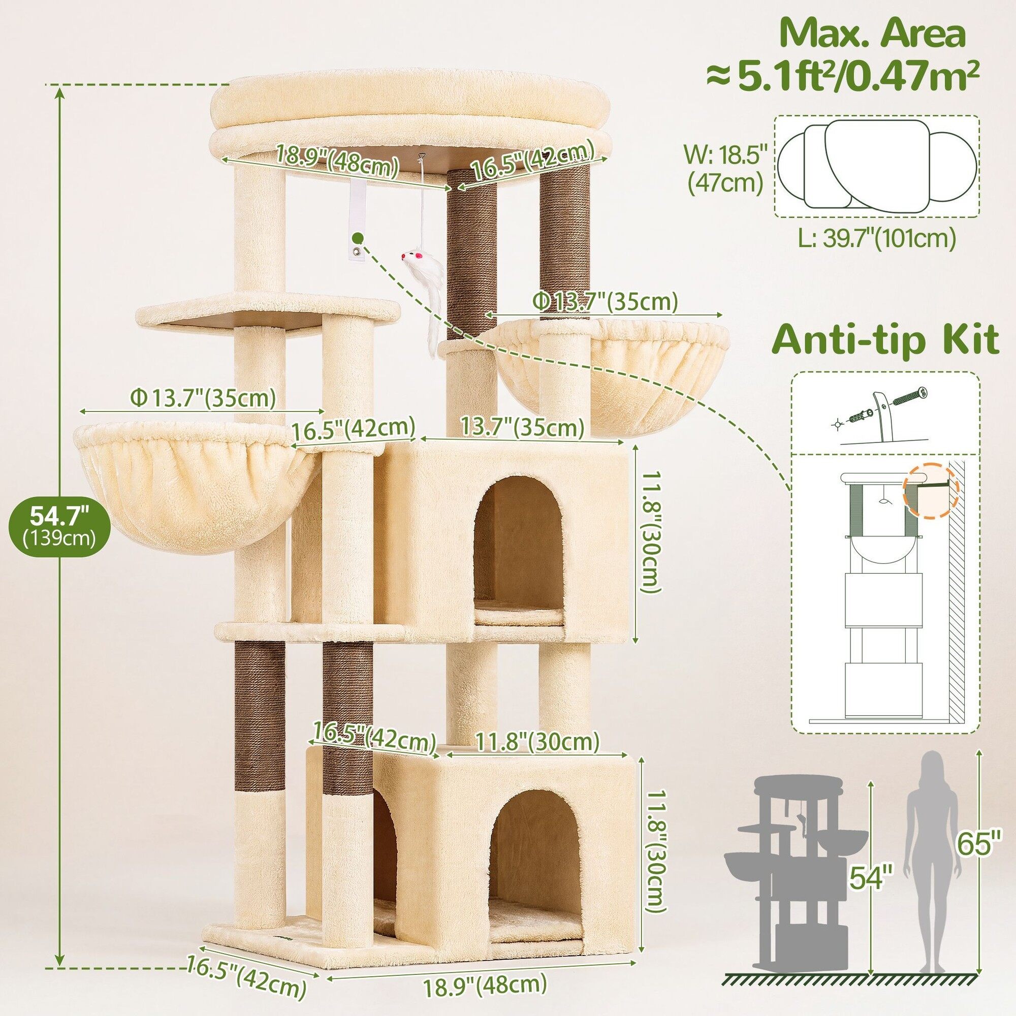 Globlazer 54″ Multi-Leve Cat Tree Tower Condo with Extra Large Perch Platform and 4 Scratching Posts for Indoor Cats, Beige