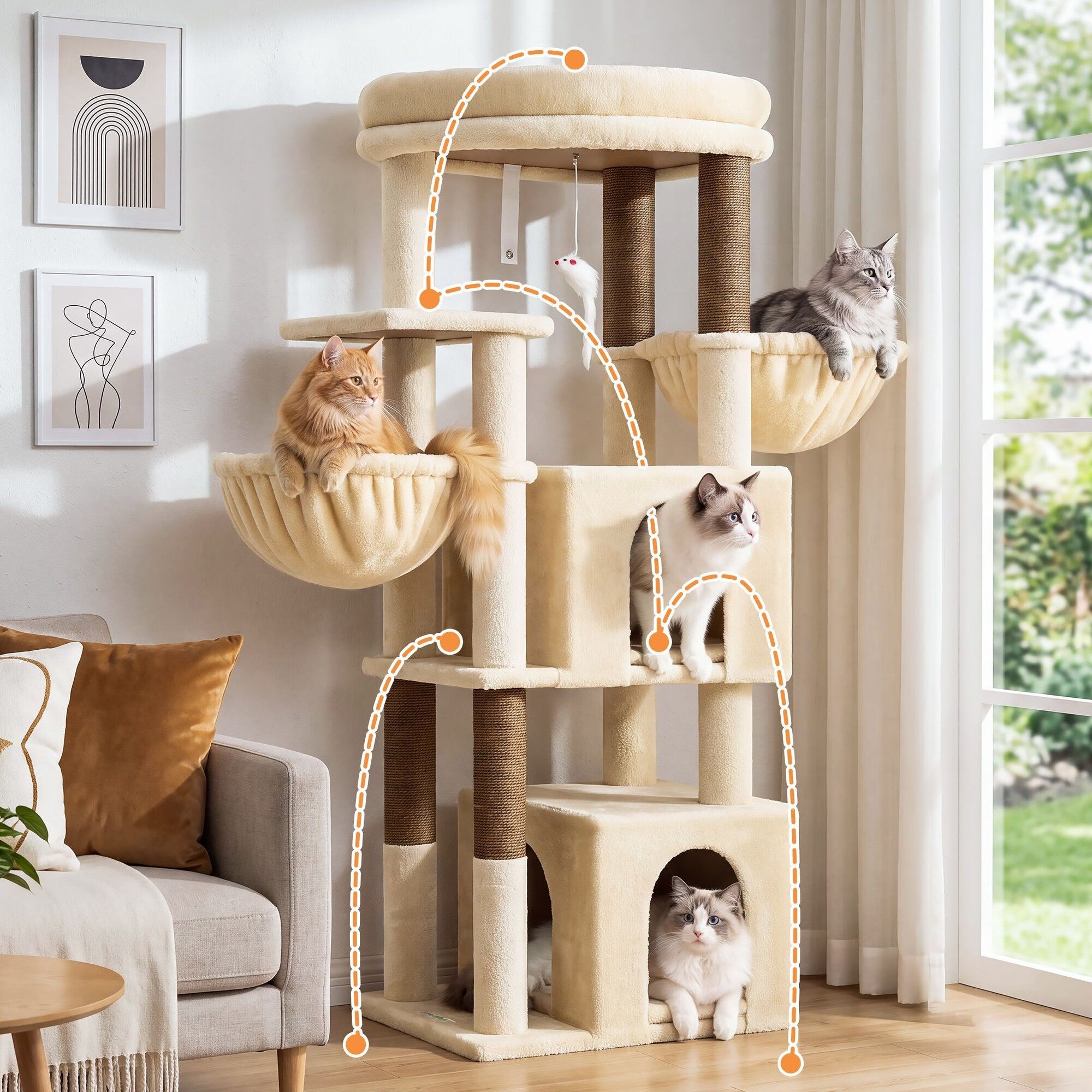 Globlazer 54″ Multi-Leve Cat Tree Tower Condo with Extra Large Perch Platform and 4 Scratching Posts for Indoor Cats, Beige