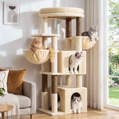 Globlazer 54″ Multi-Leve Cat Tree Tower Condo with Extra Large Perch Platform and 4 Scratching Posts for Indoor Cats, Beige