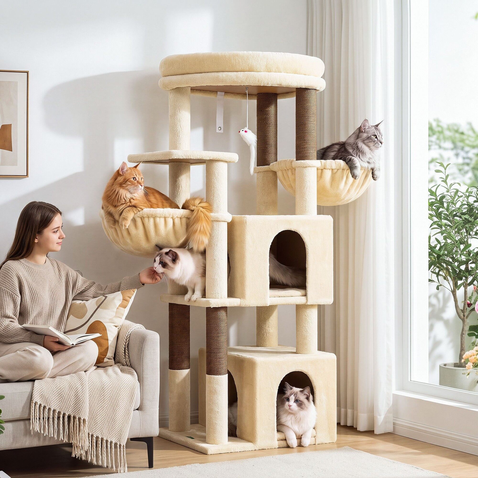 Globlazer 54″ Multi-Leve Cat Tree Tower Condo with Extra Large Perch Platform and 4 Scratching Posts for Indoor Cats, Beige