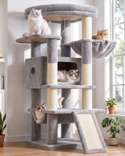 Globlazer Sturdy Cat Tree Tower with Large Platform, S55, Light Grey