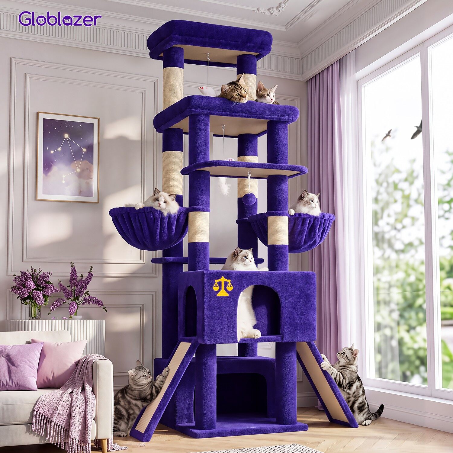 Z78 Libra Symmetrical Multi-Level Cat Tree (Purple, 78-inch)