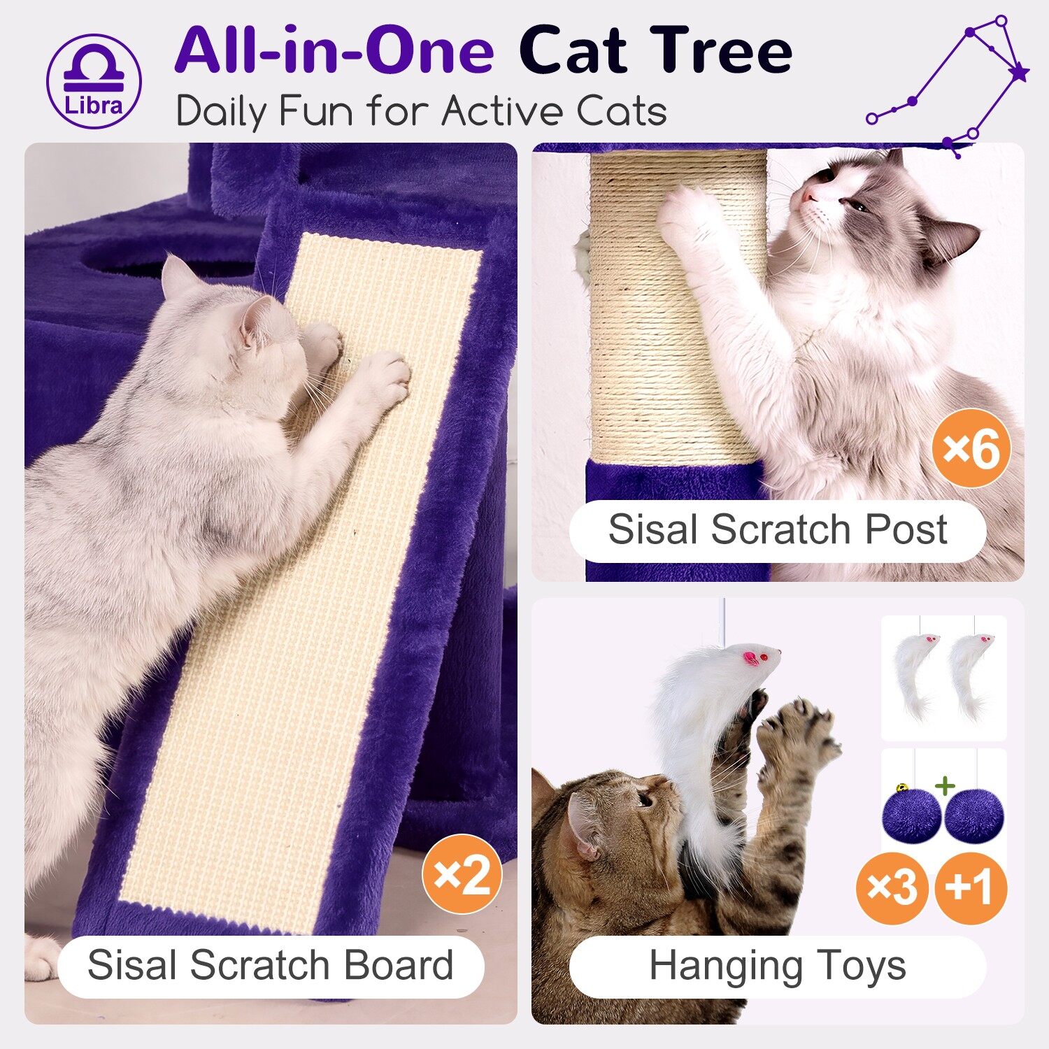 Z78 Libra Symmetrical Multi-Level Cat Tree (Purple, 78-inch)