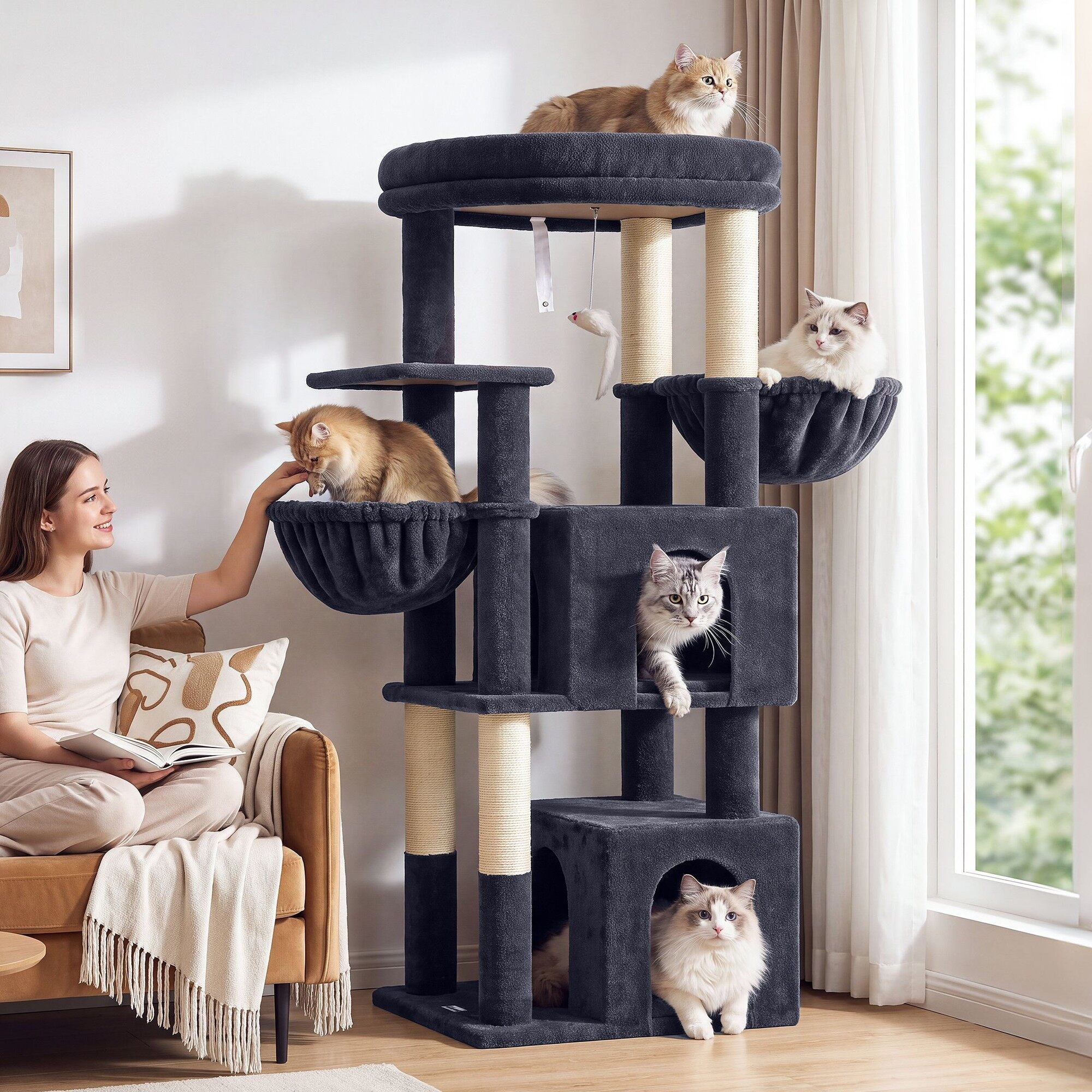 Globlazer 54″ Multi-Leve Cat Tree Tower Condo with Extra Large Perch Platform and 4 Scratching Posts for Indoor Cats, Dark Grey