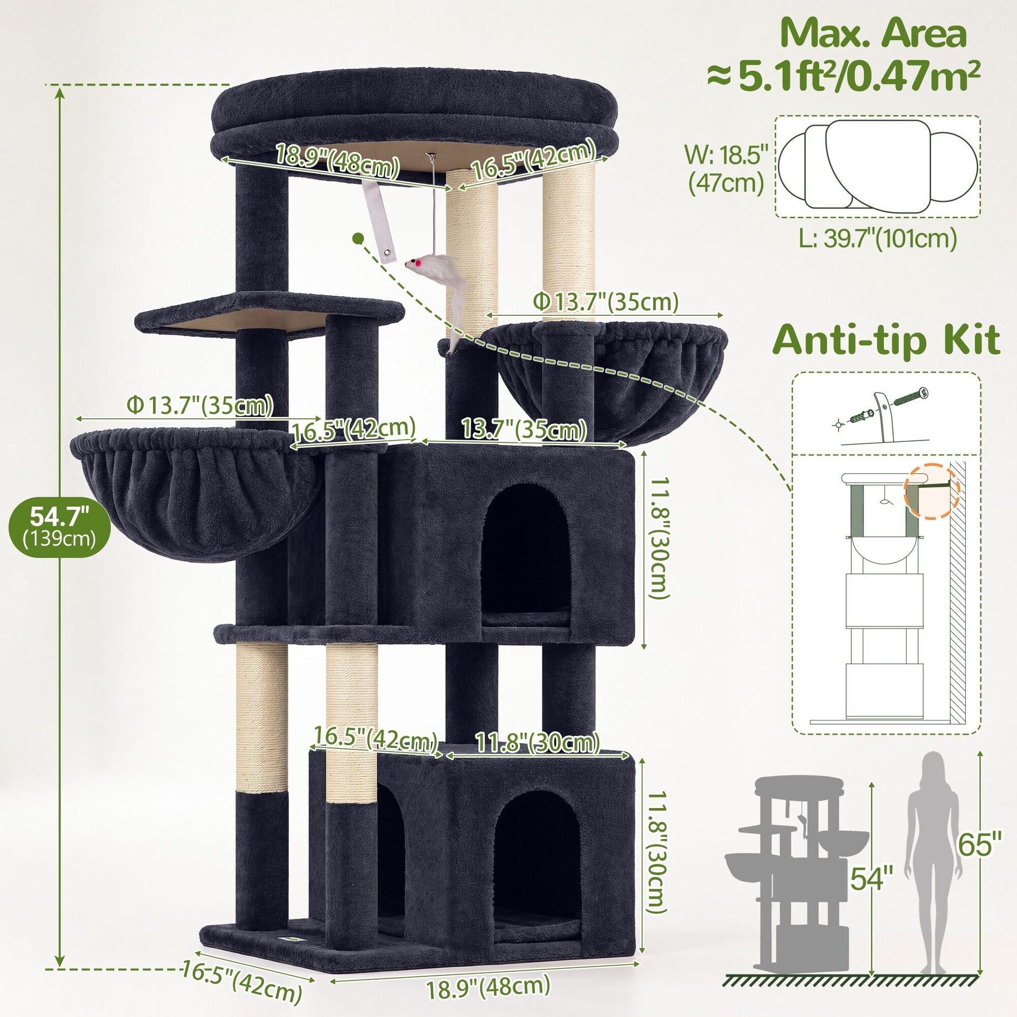 Globlazer 54″ Multi-Leve Cat Tree Tower Condo with Extra Large Perch Platform and 4 Scratching Posts for Indoor Cats, Dark Grey