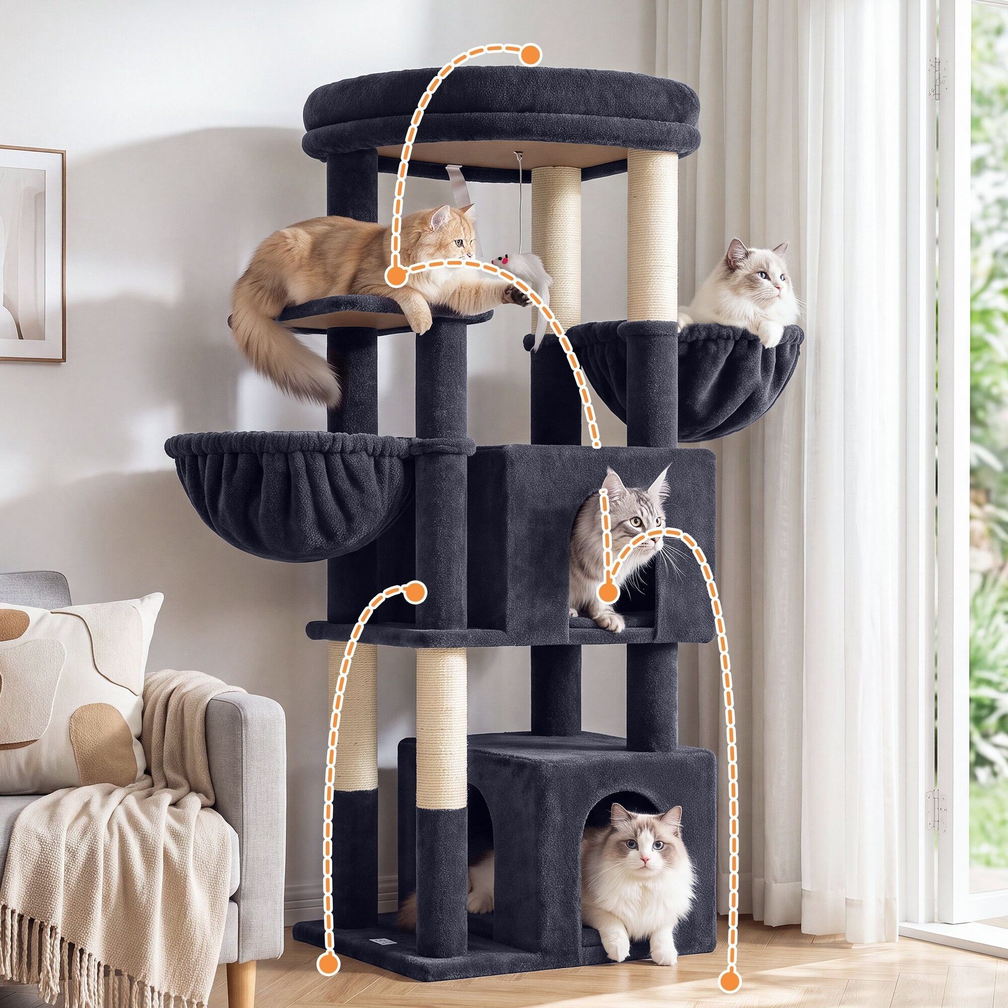 Globlazer 54″ Multi-Leve Cat Tree Tower Condo with Extra Large Perch Platform and 4 Scratching Posts for Indoor Cats, Dark Grey