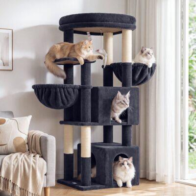 Globlazer 54″ Multi-Leve Cat Tree Tower Condo with Extra Large Perch Platform and 4 Scratching Posts for Indoor Cats, Dark Grey