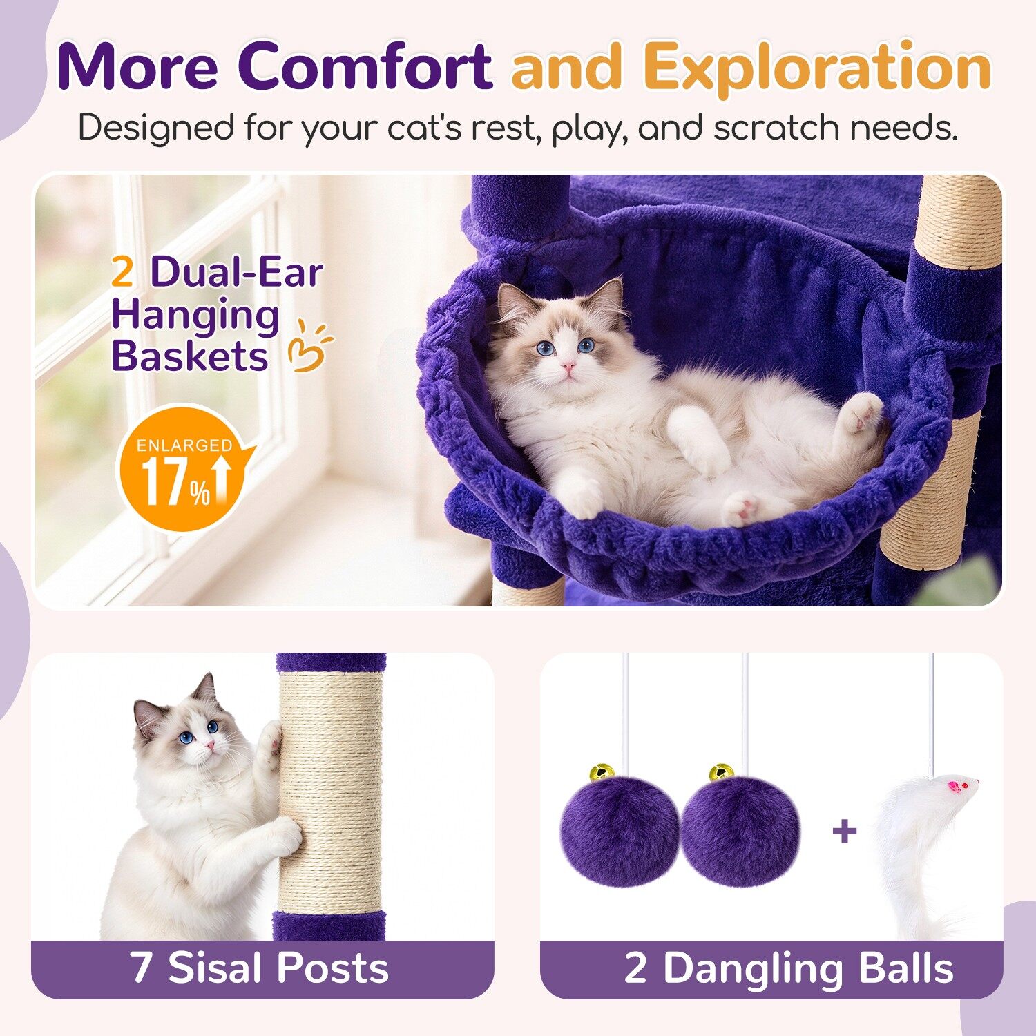 S74 Multi-Level Cat Tree Tower (Purple, 74-inch)
