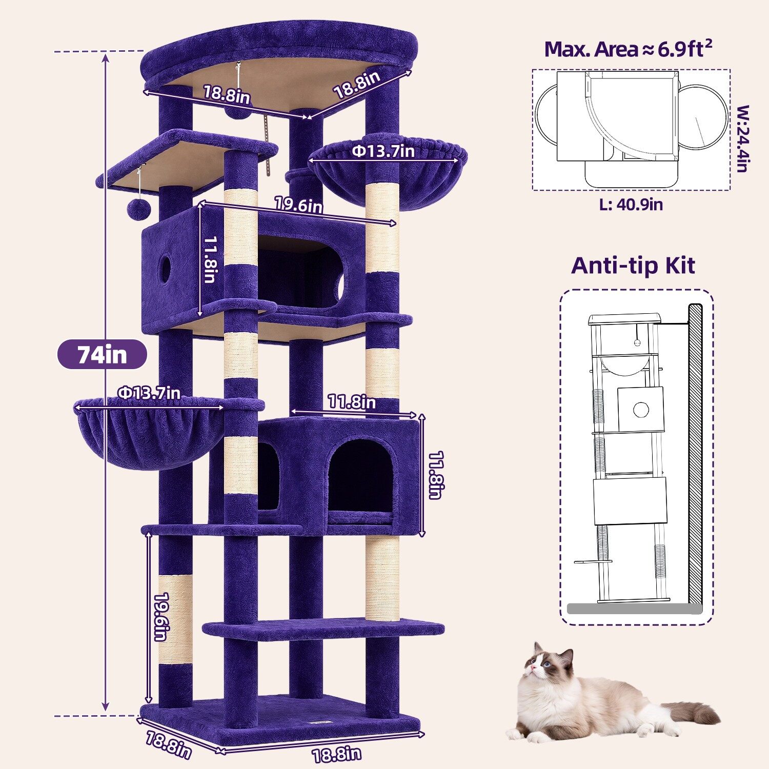 S74 Multi-Level Cat Tree Tower (Purple, 74-inch)