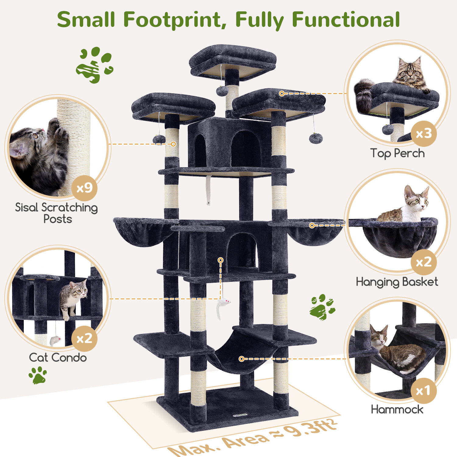 F80 Big Cat Tree(Dark Gray,80-inch) - Cat Trees & Towers - Globlazer