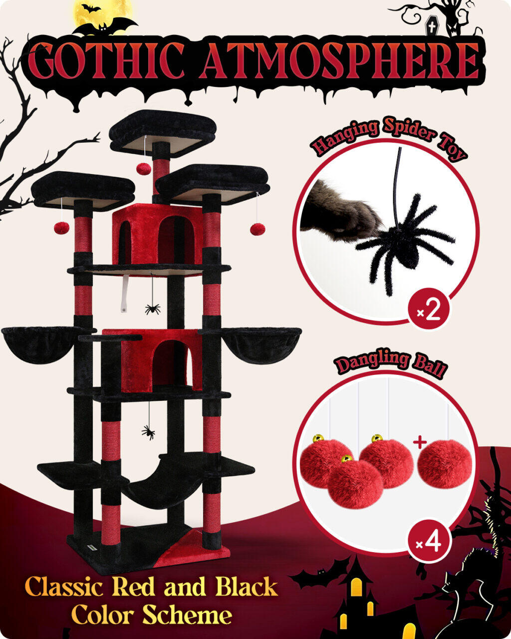 F80 Gothic Cat Tree(Black Red,80inch) - Cat Trees & Towers - Globlazer