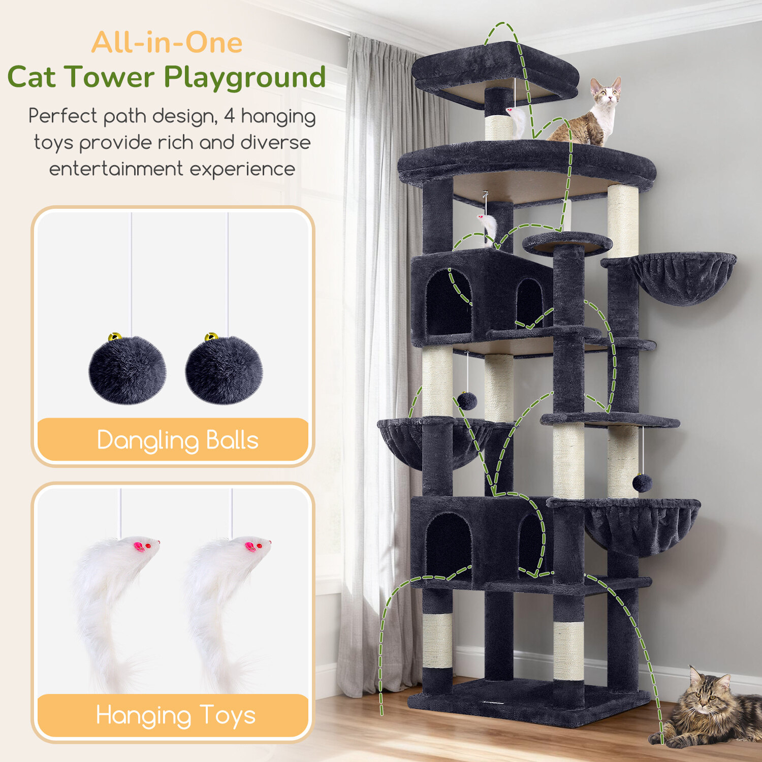 S82 Large Cat Tree Tower(Dark Grey,82-inch) - Cat Trees & Towers ...