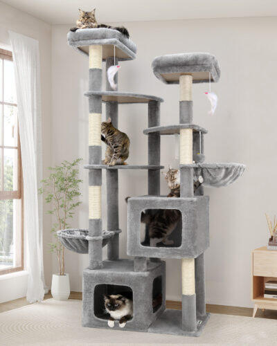 S74E Heavy Duty Cat Tree (Light Grey, 74-inch)