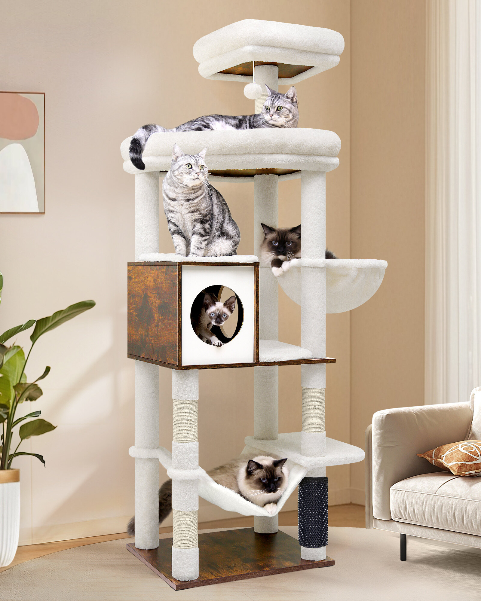 W66 Tall Cat Tree(Beige,66-inch)