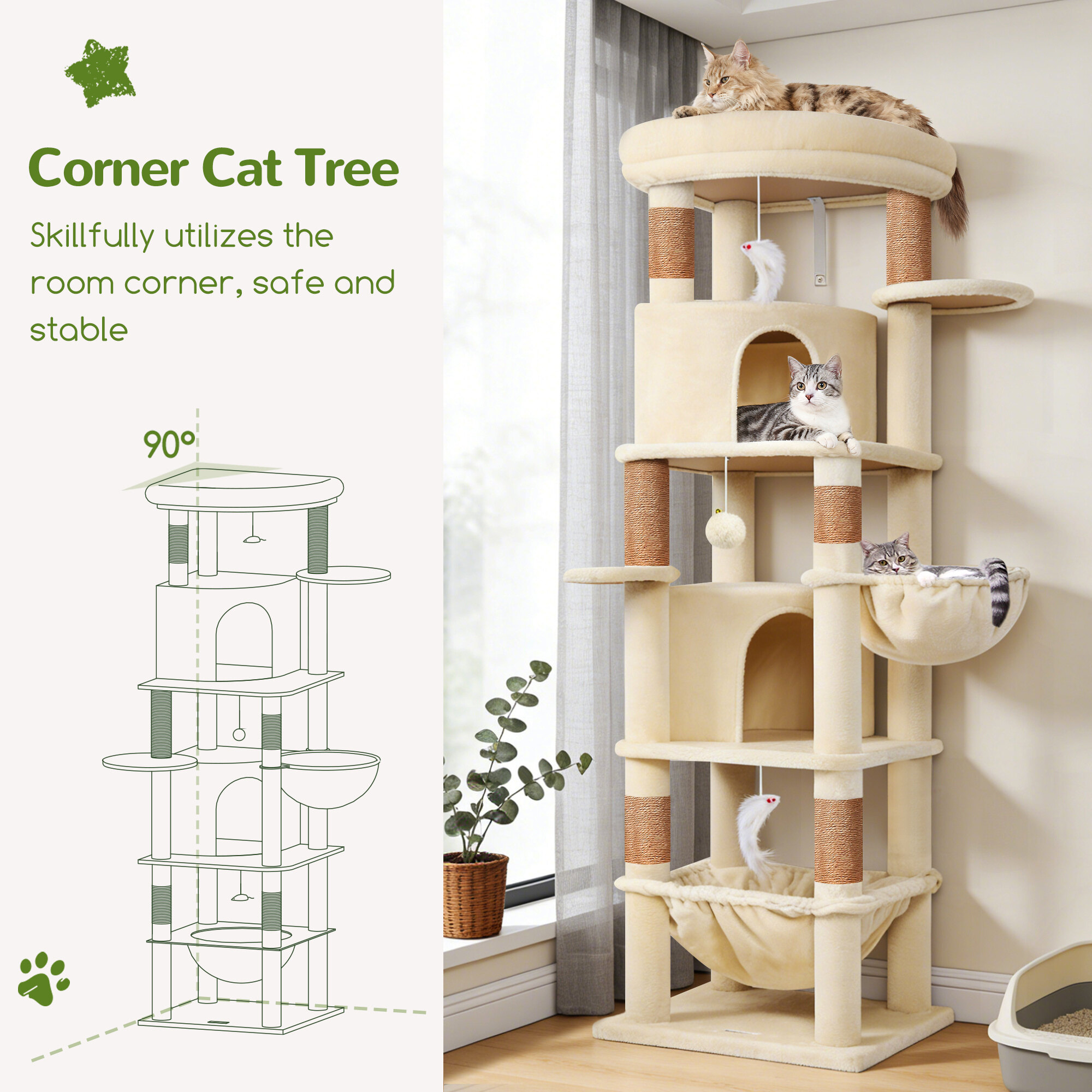 C68 Large Cat Tower(Beige,68-inch)
