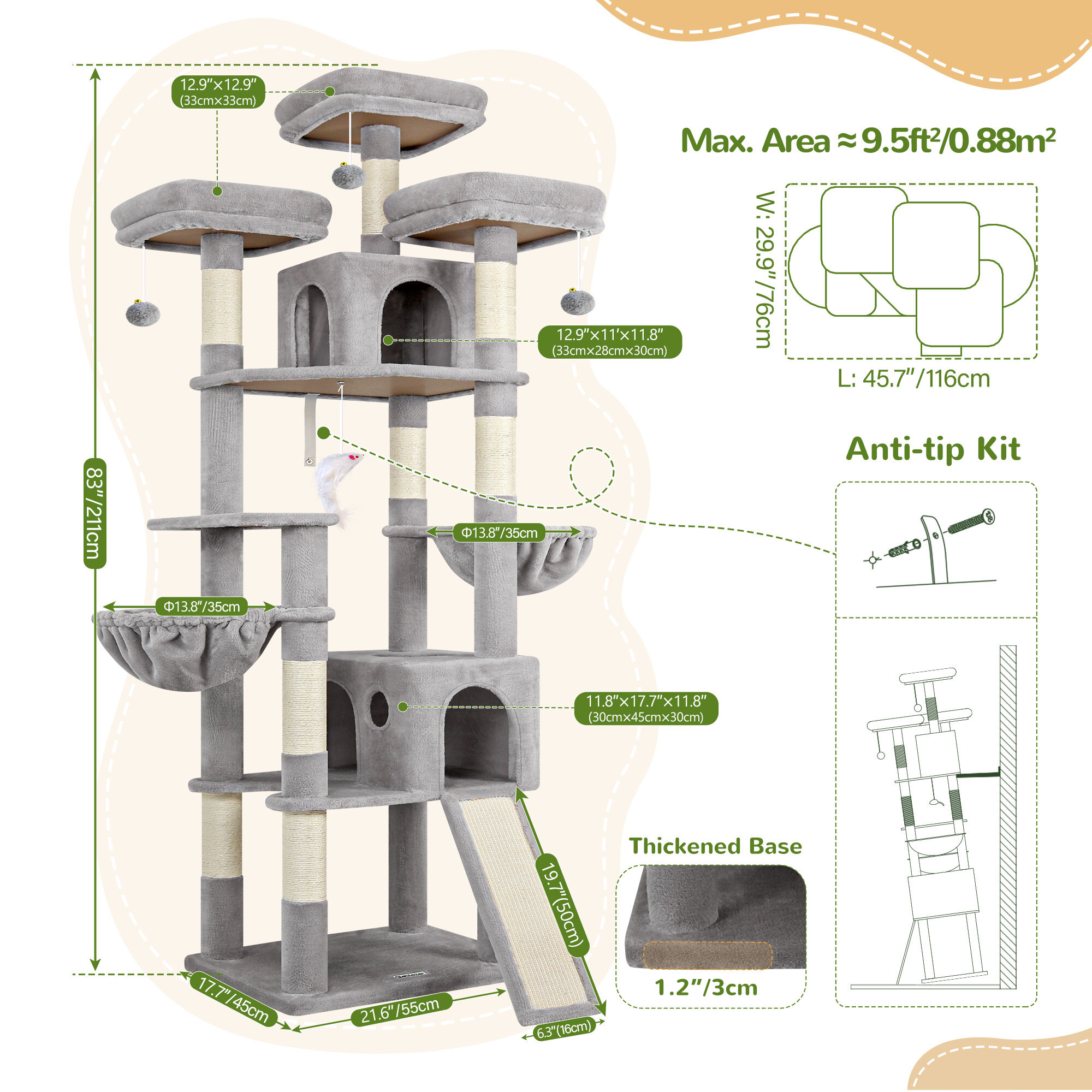 F83D Big Cat Tree(Light Gray,83-inch)