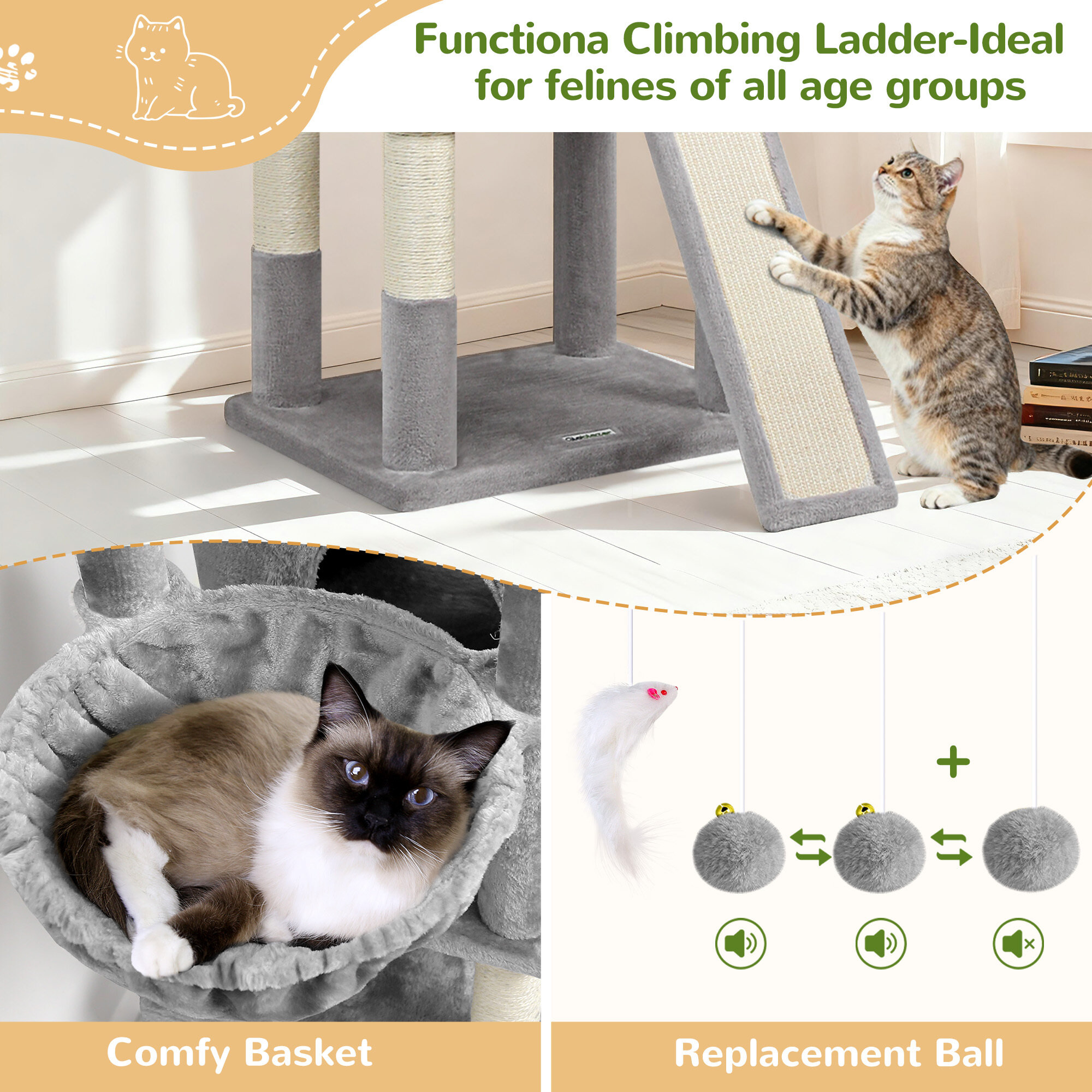 F83D Big Cat Tree(Light Gray,83-inch)