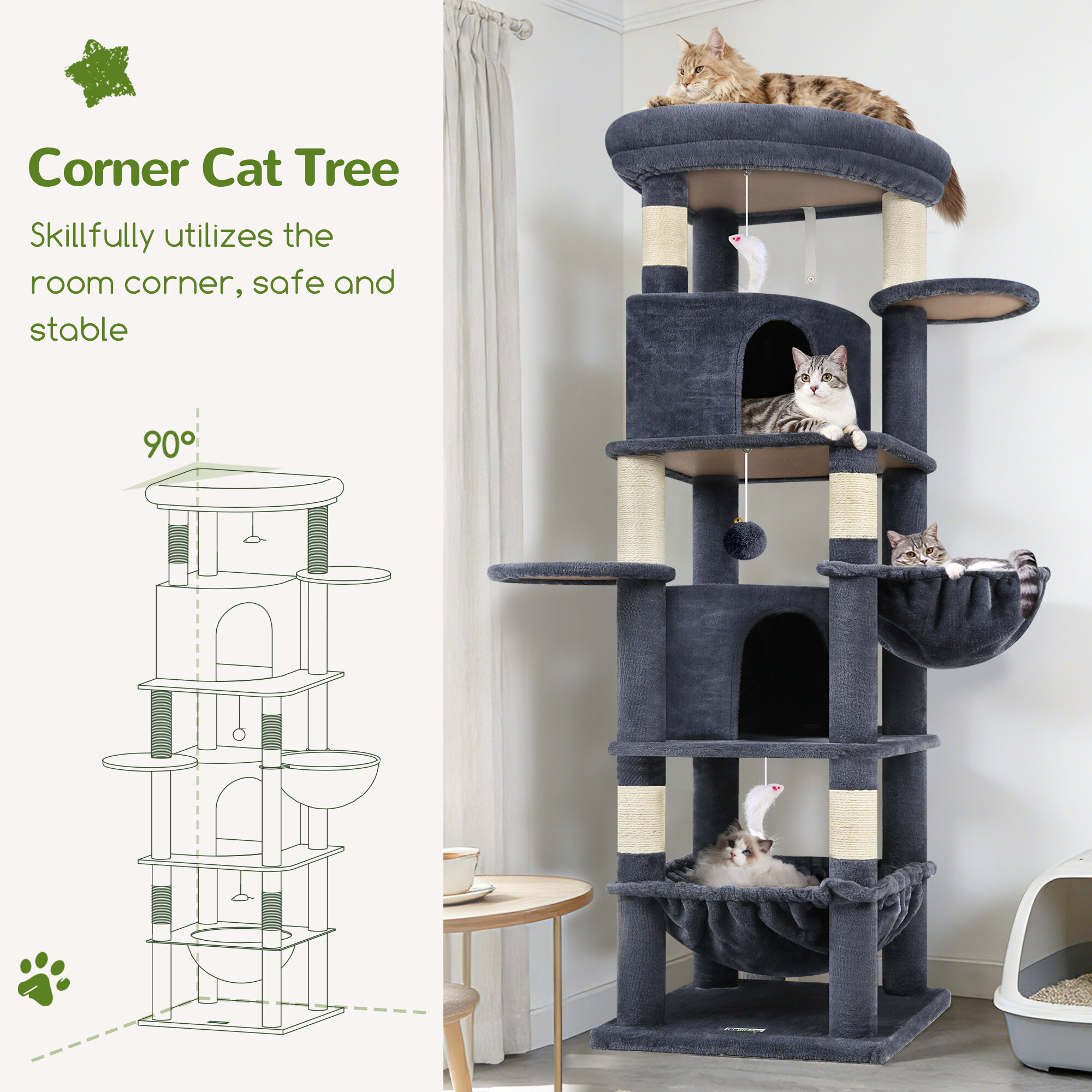 C68 Large Cat Tower(Dark Gray,68-inch)