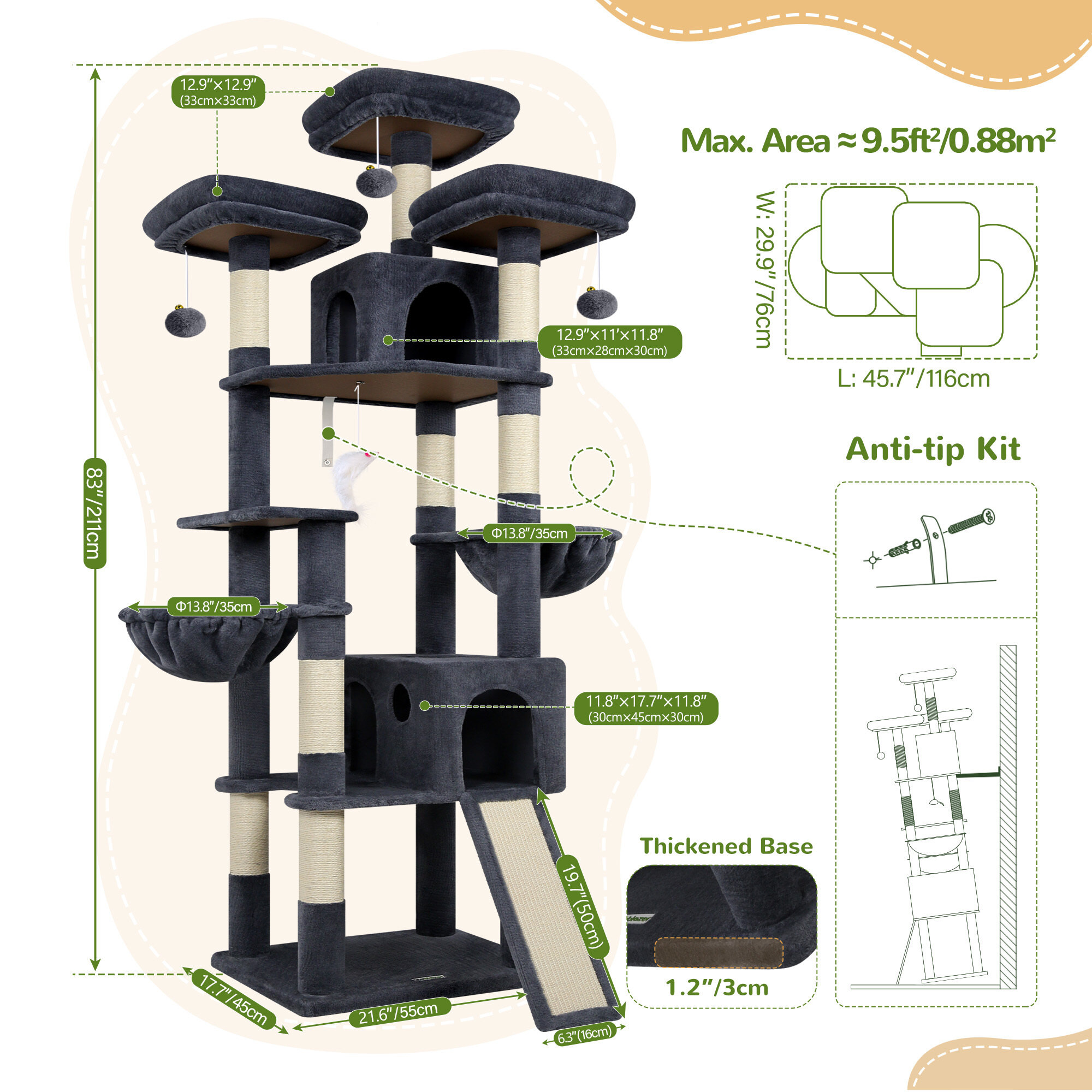 F83D Big Cat Tree(Dark Gray,83-inch)