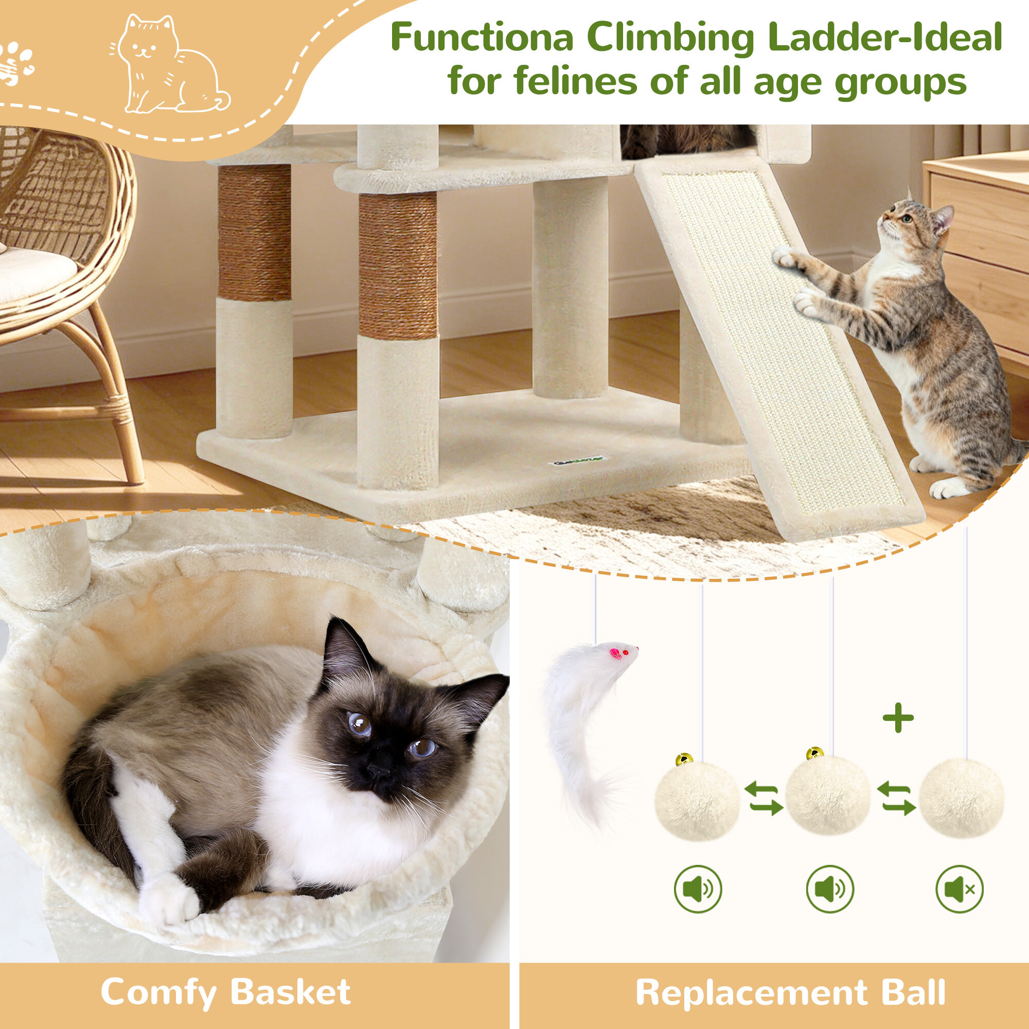 F83D Big Cat Tree(Beige,83-inch)