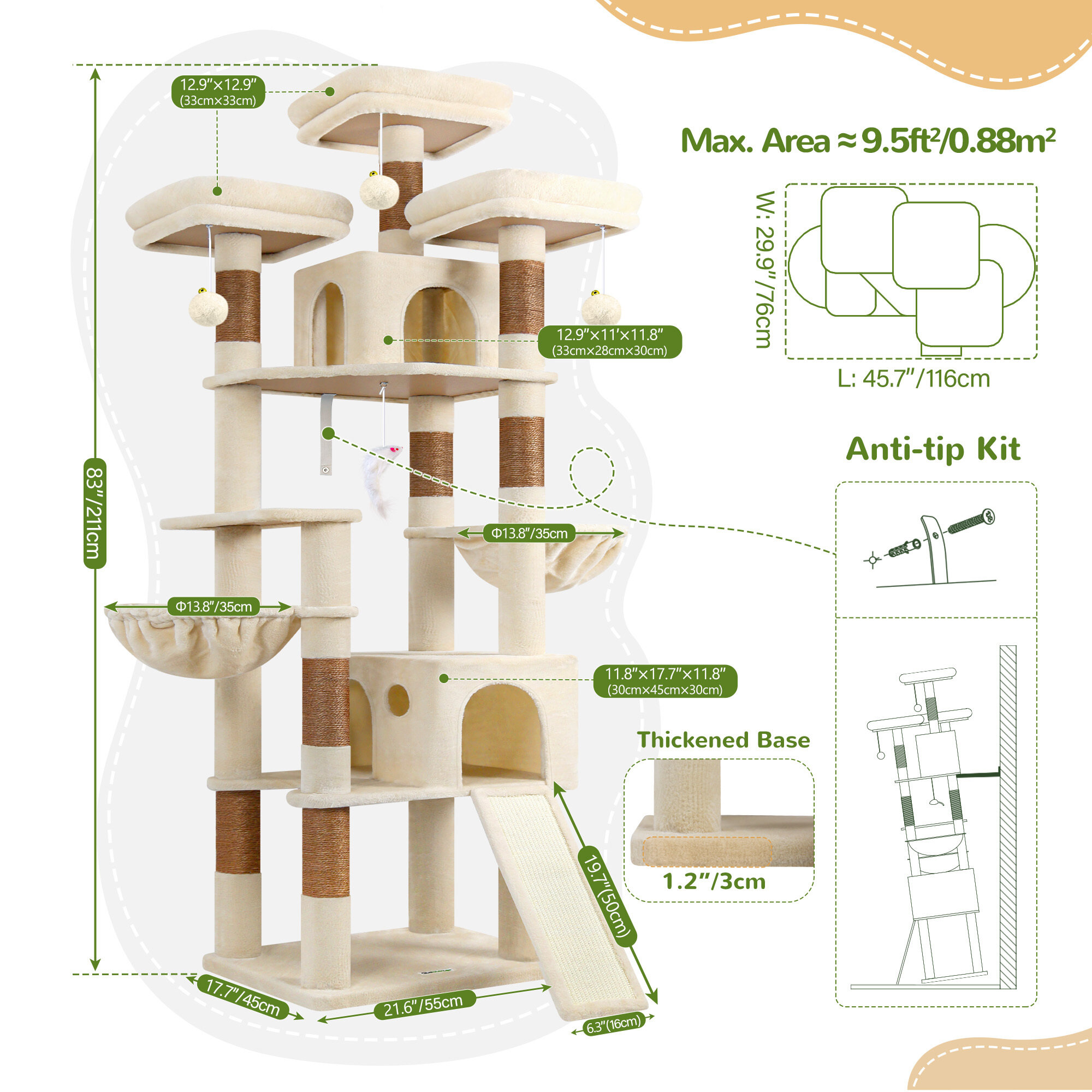 F83D Big Cat Tree(Beige,83-inch)