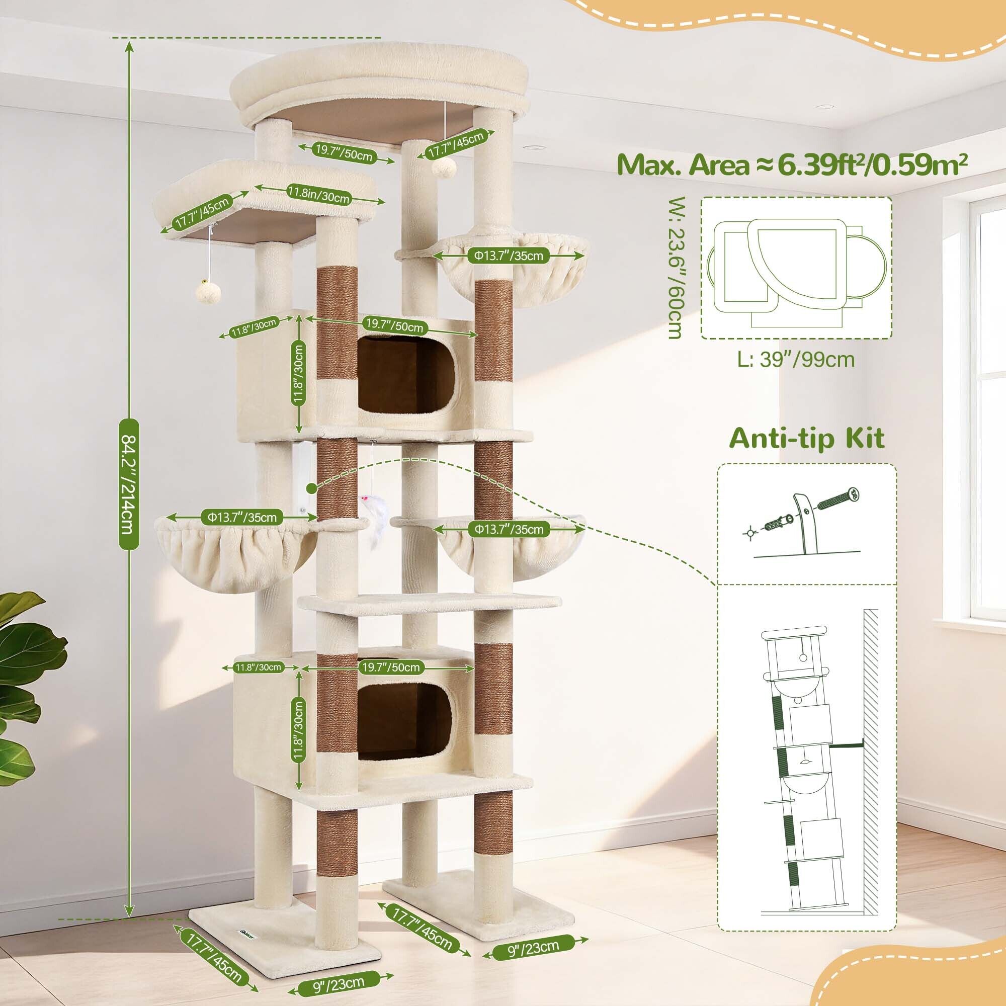 F84 Big Cat Tree(Beige,84-inch)