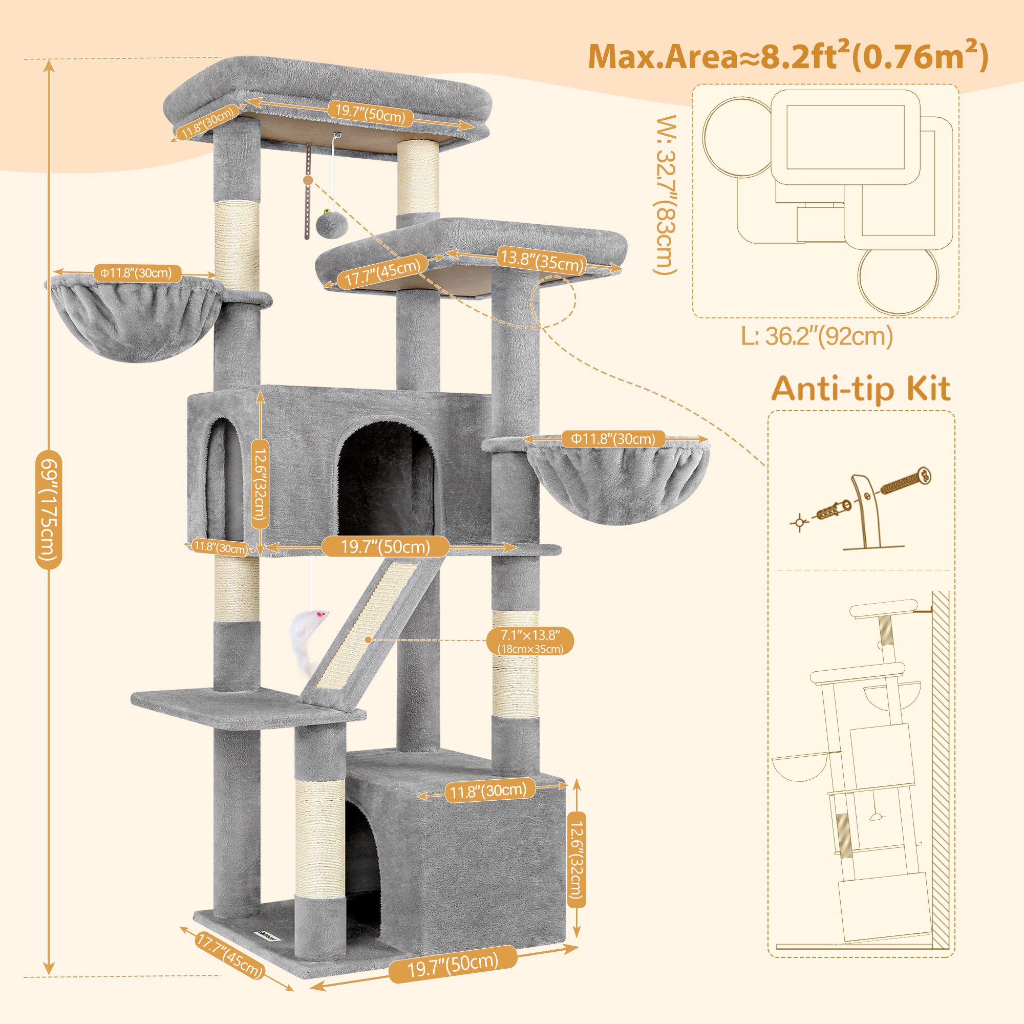 S69 Cat Tree(Light Grey,69-inch)