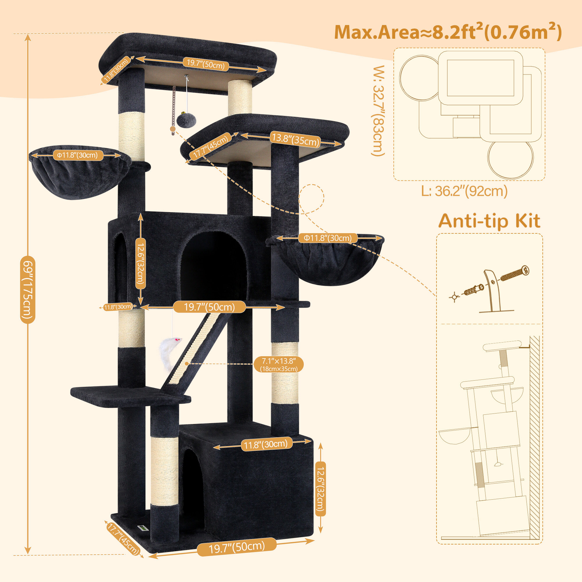 S69 Cat Tree(Dark Grey,69-inch)
