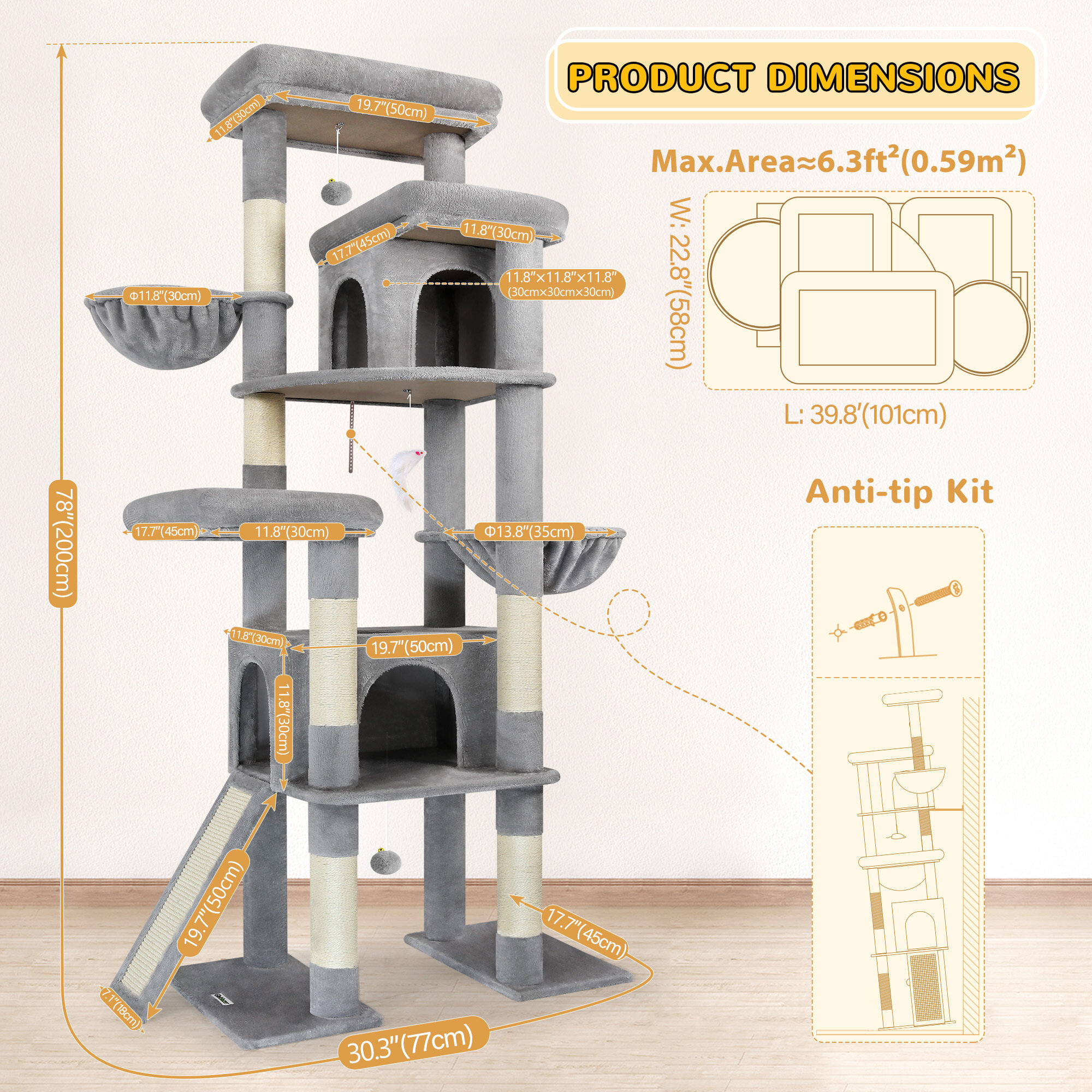 S78 Cat Tower With Scratching Post(Light Grey,78-inch)