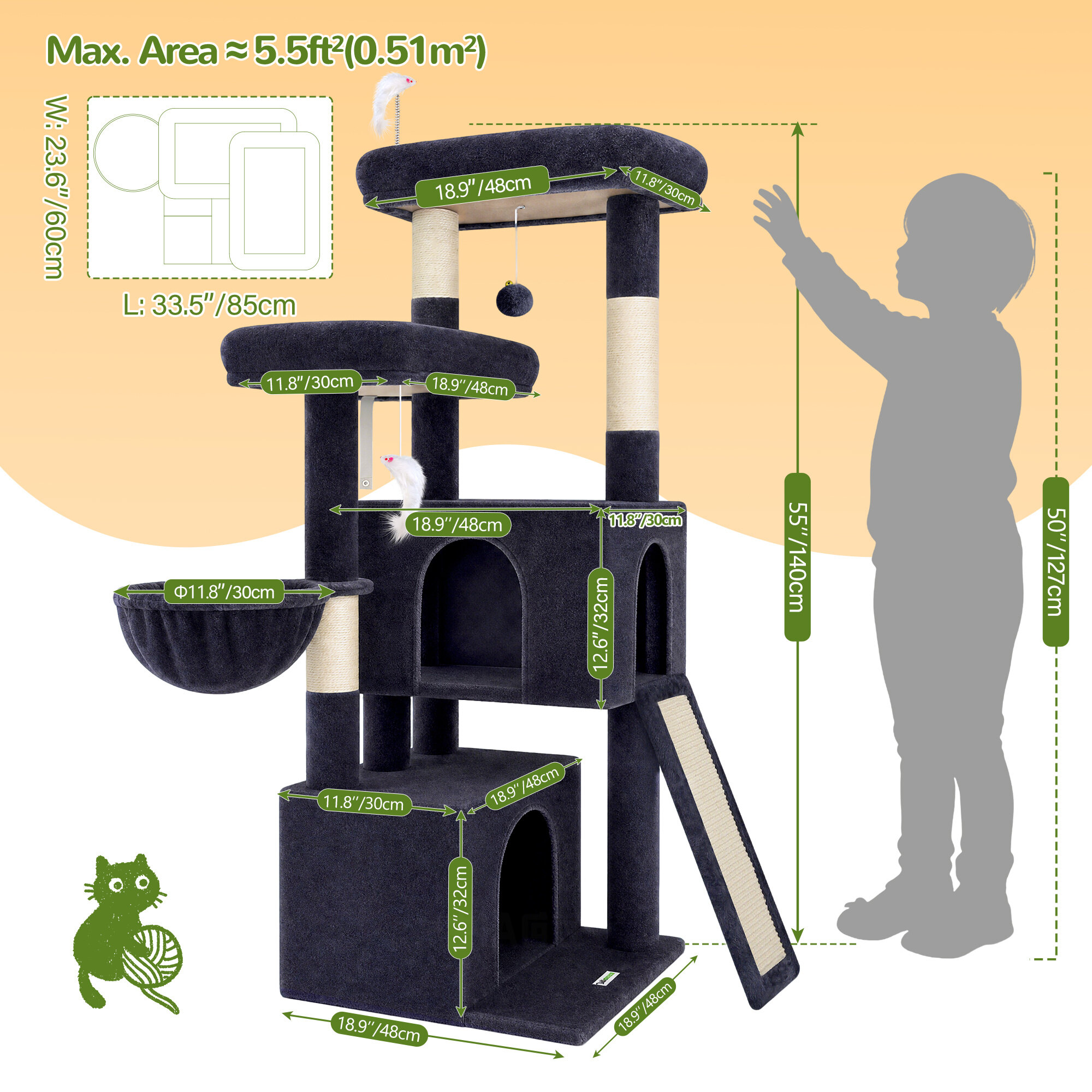 F55 Cat Tree For Indoor Cats Large Adult(Dark Grey,55-inch)