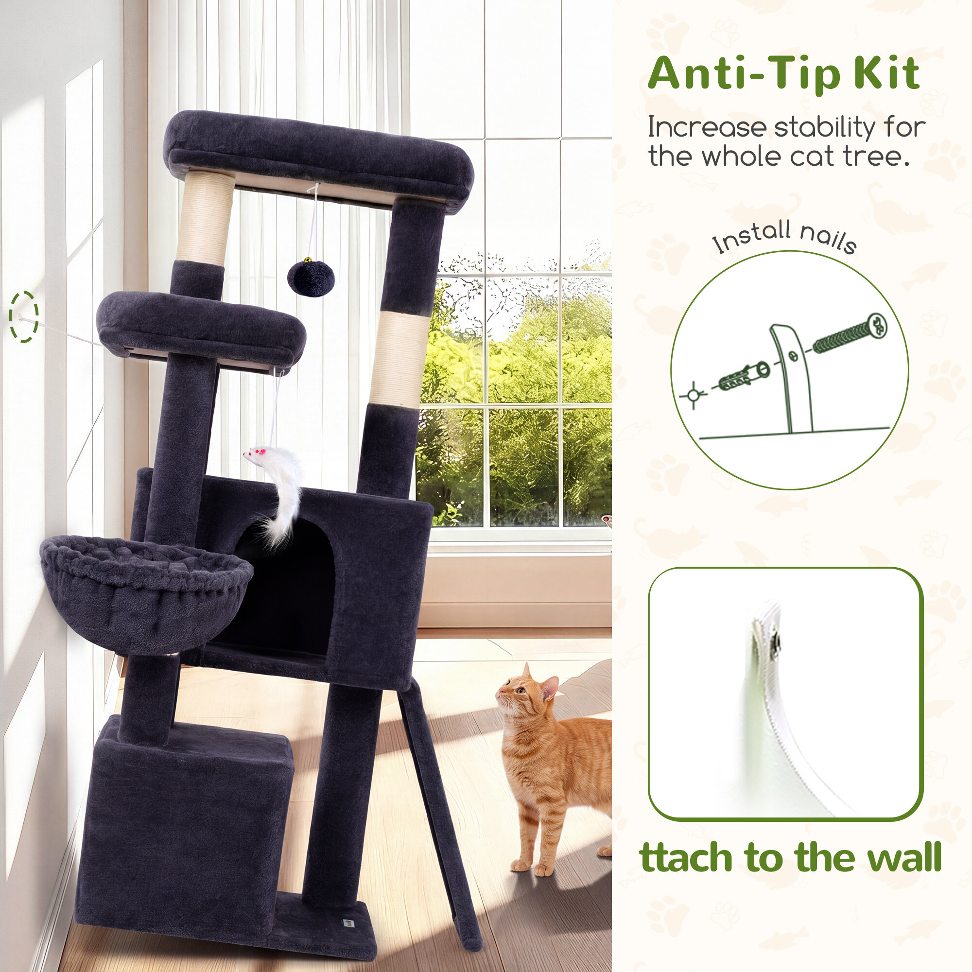 F55 Cat Tree For Indoor Cats Large Adult(Dark Grey,55-inch)