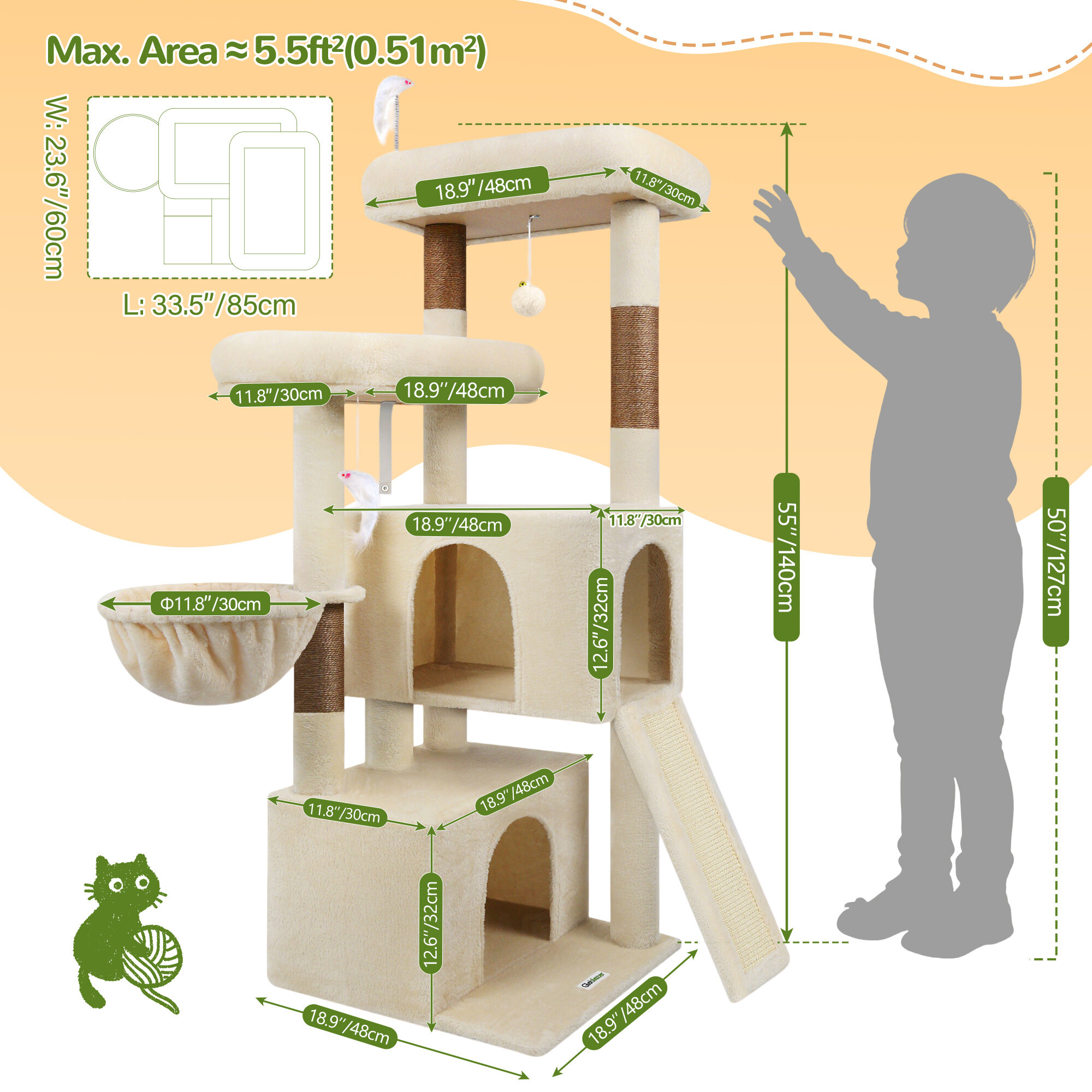 F55 Cat Tree For Indoor Cats Large Adult(Beige,55-inch)