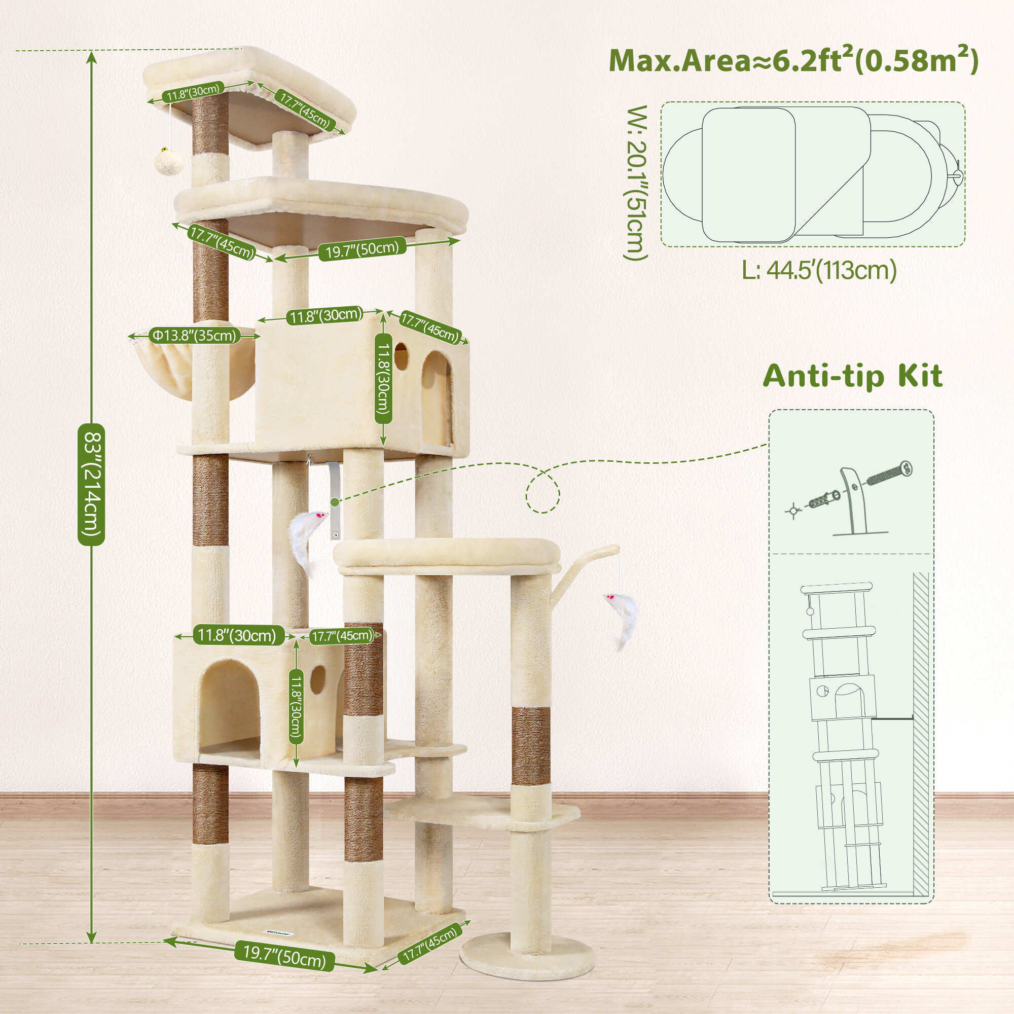 S83 Heavy Duty Cat Tree(Beige,83-inch)