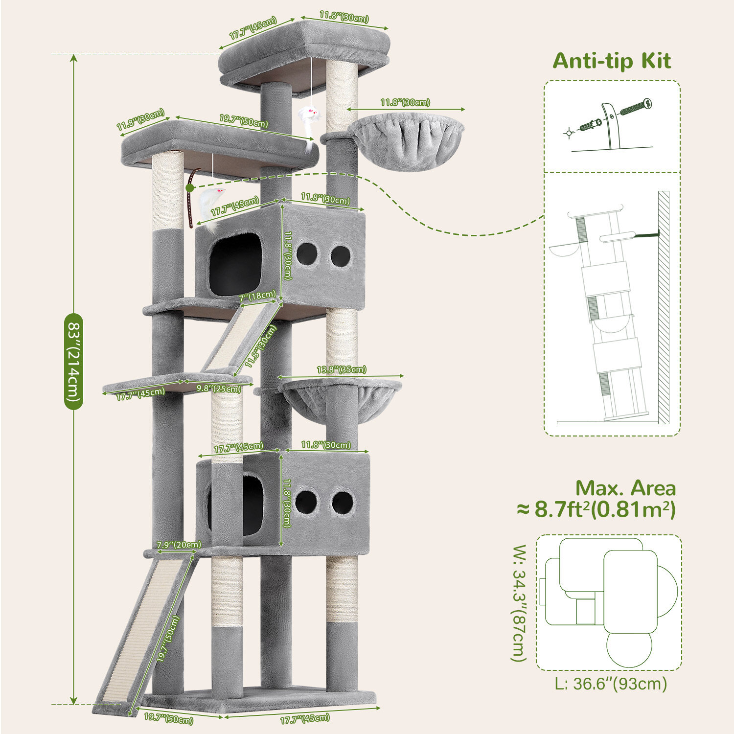 S83F Heavy Duty Cat Tree(Light Grey,83-inch)