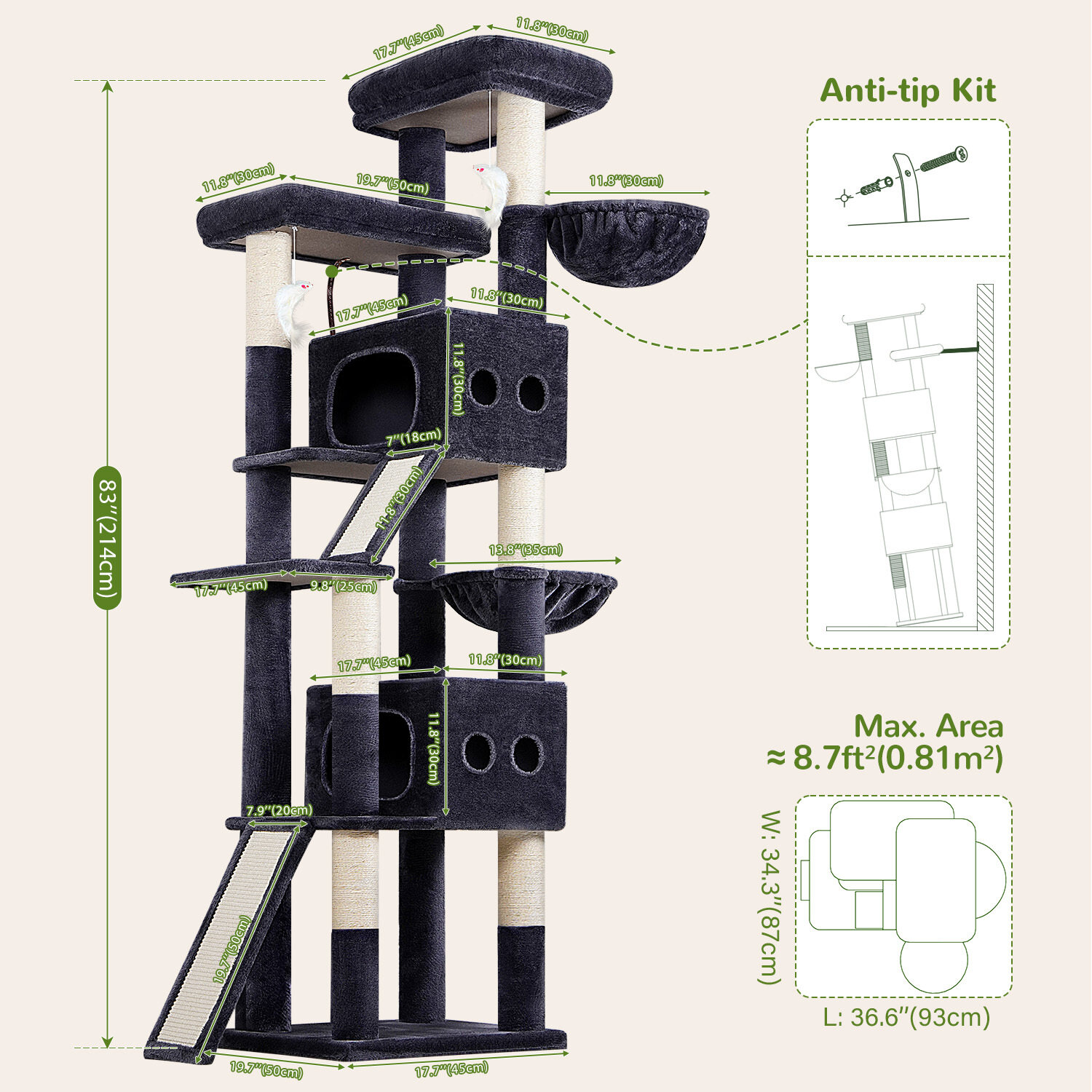 S83F Heavy Duty Cat Tree(Dark Grey,83-inch)