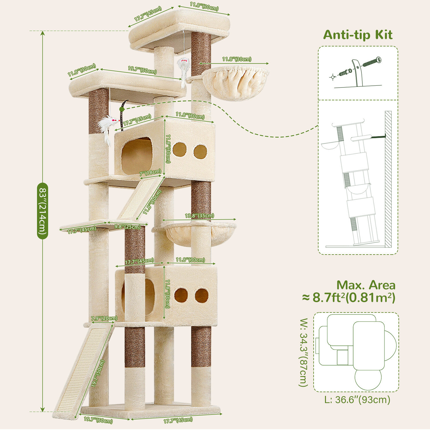 S83F Heavy Duty Cat Tree(Beige,83-inch)