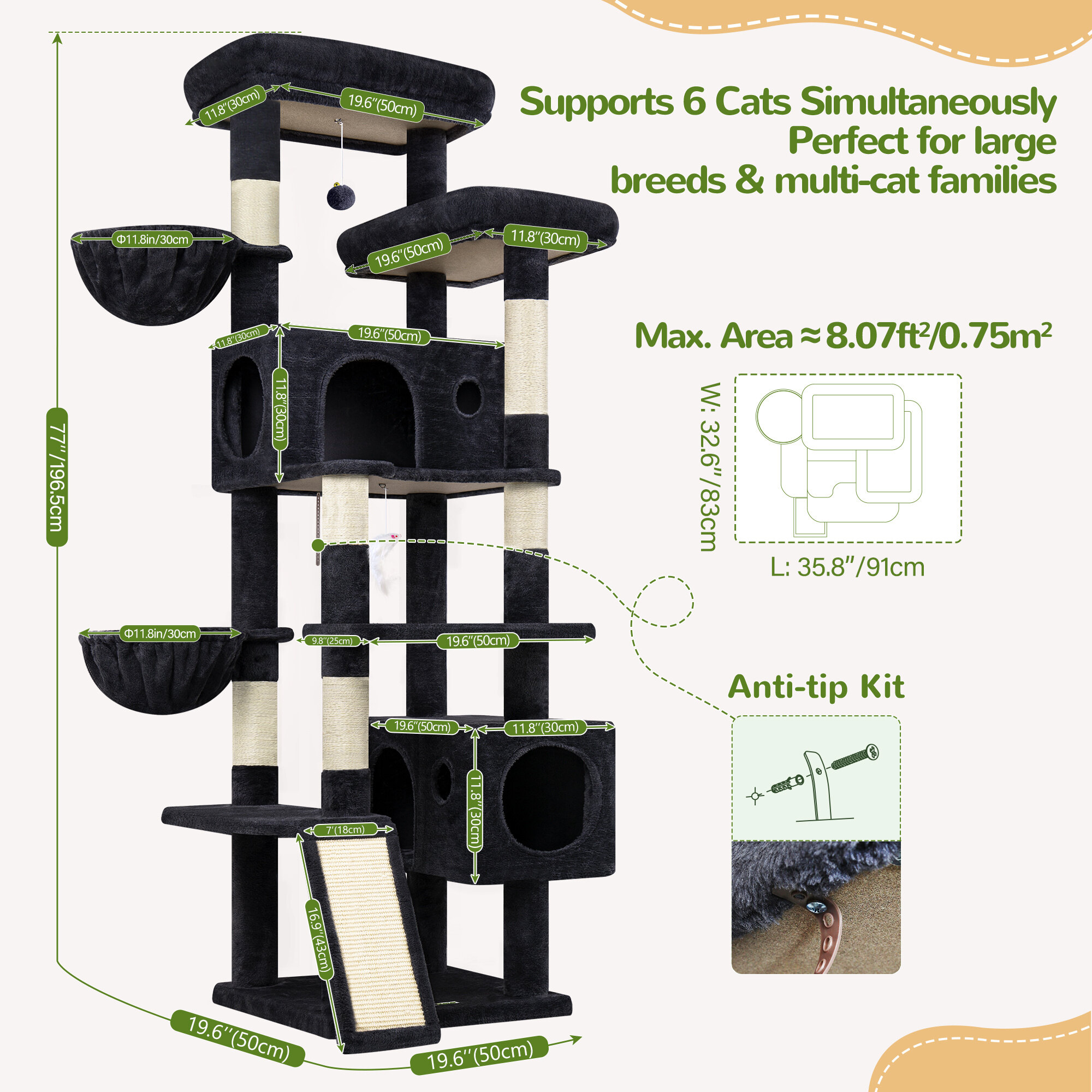 S77C Cat Tree(Dark Grey,77-inch)