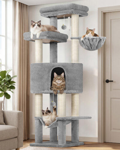 F65D Tall Cat Tower (Light Grey, 65-inch)