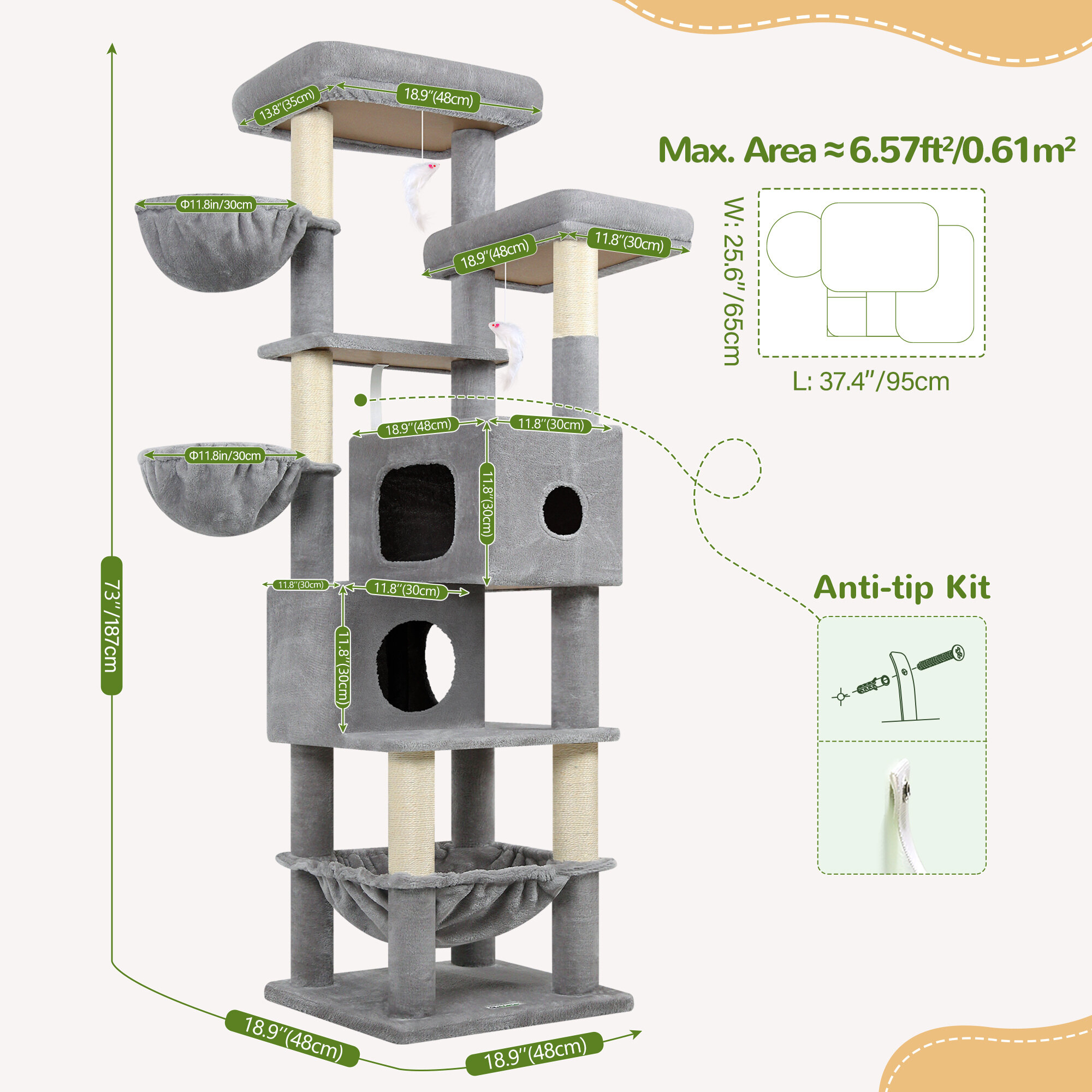 S73 Cat Tree(Light Grey,73-inch)