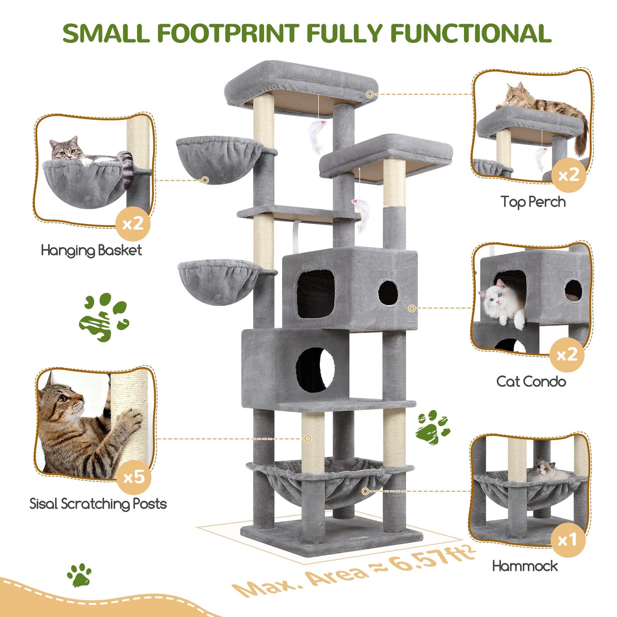 S73 Cat Tree(Light Grey,73-inch)