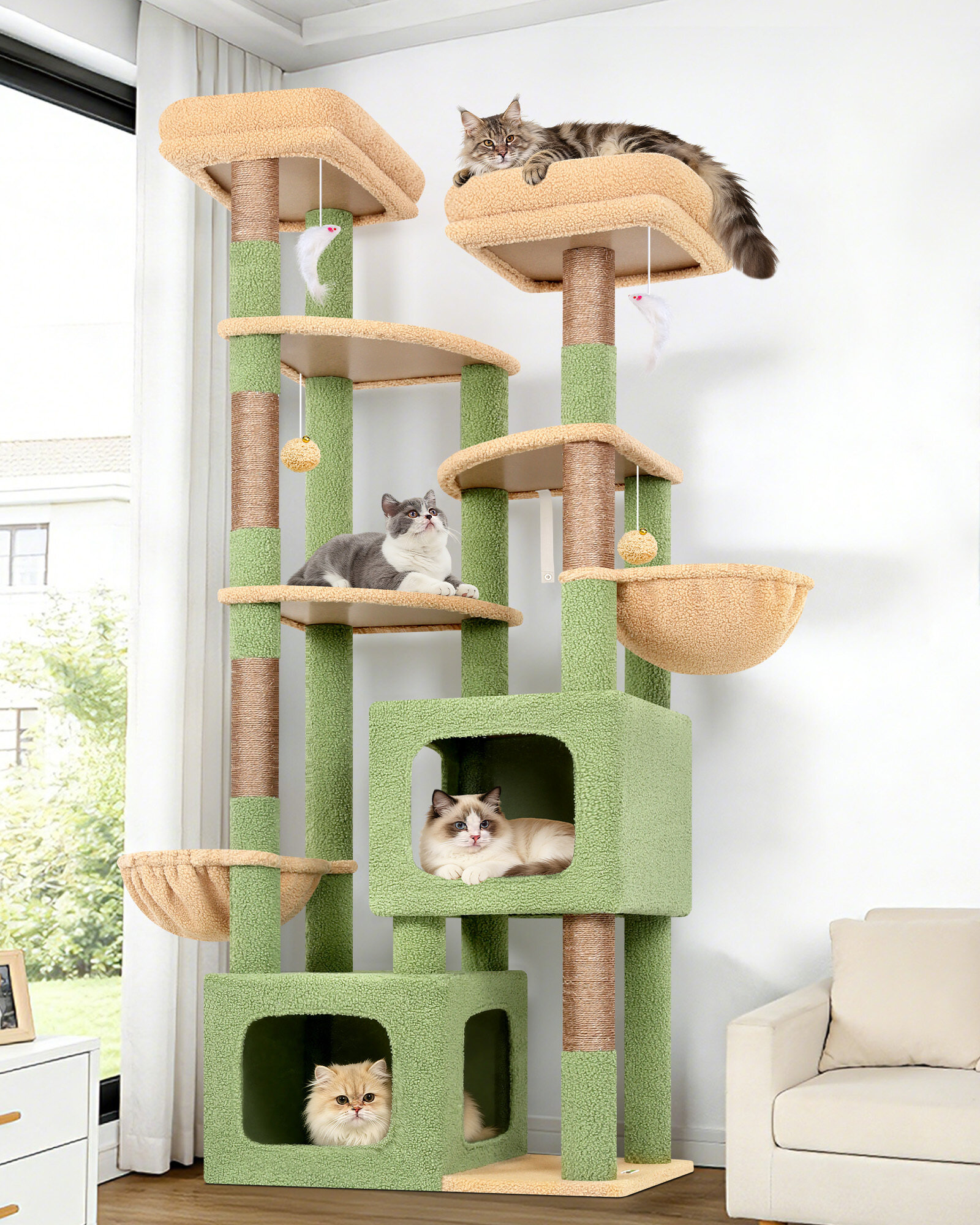 S74E Heavy Duty Cat Tree(Cactus Green,74-inch)
