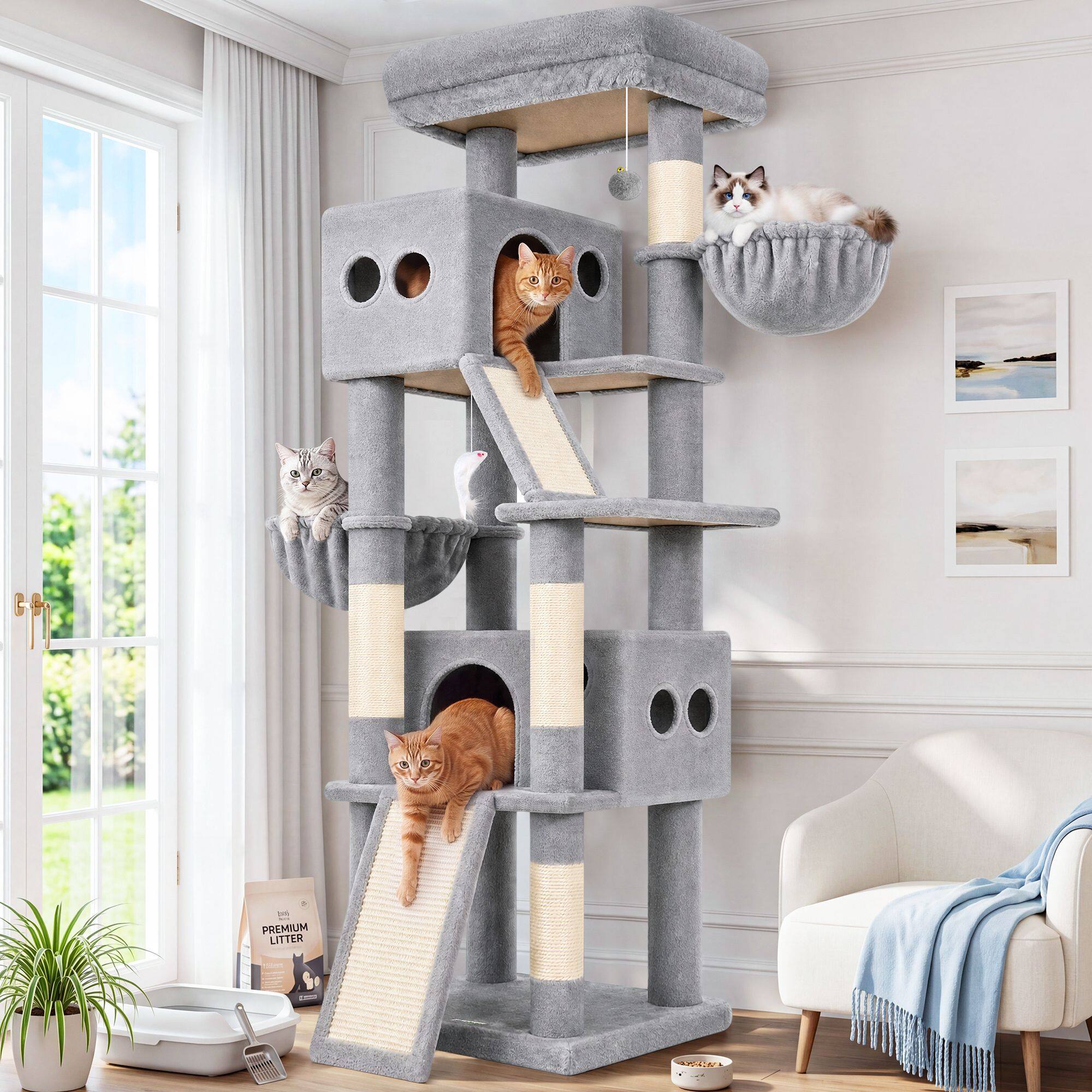 S70G Cat Tree Tower (Light Grey, 70-inch)