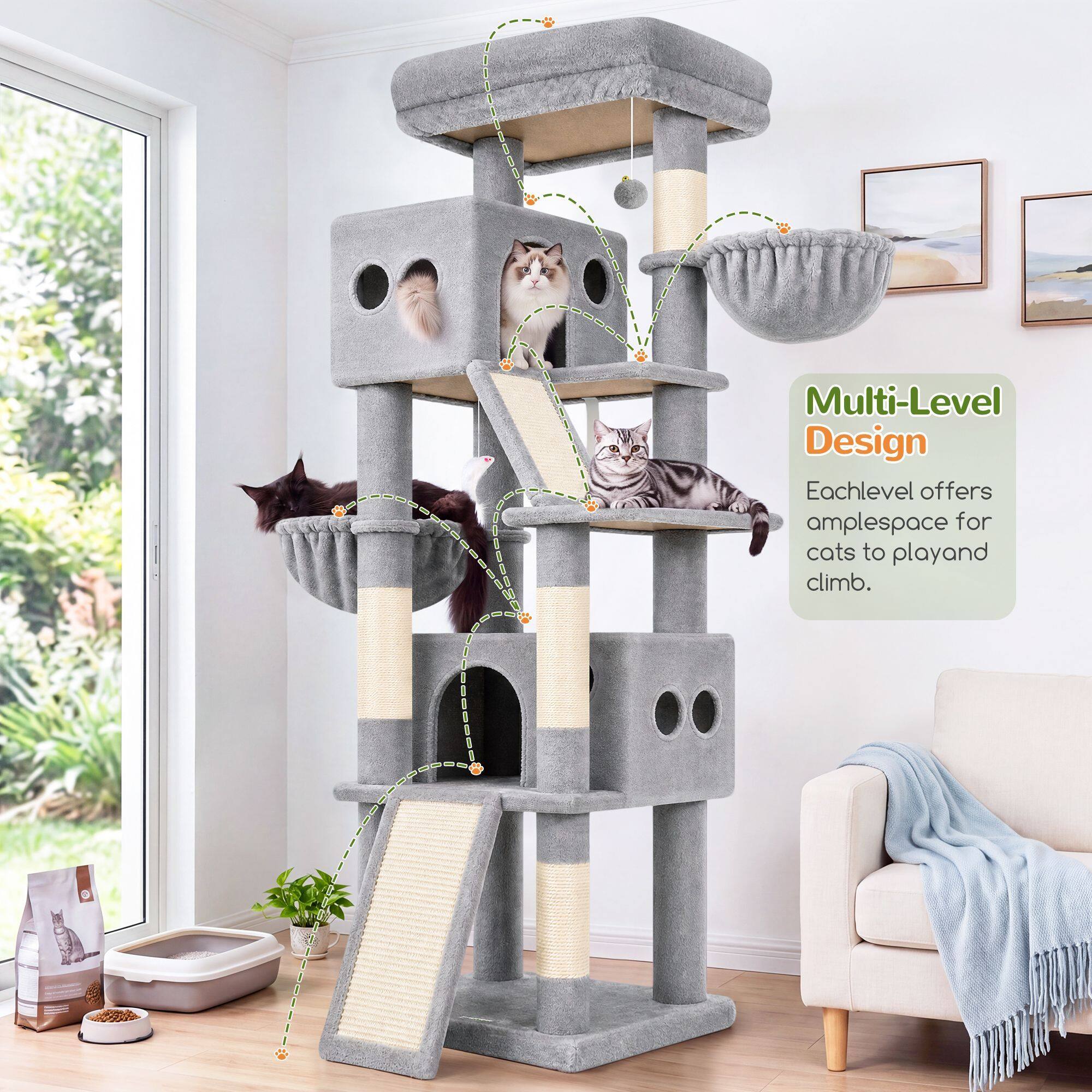 S70G Cat Tree Tower (Light Grey, 70-inch)