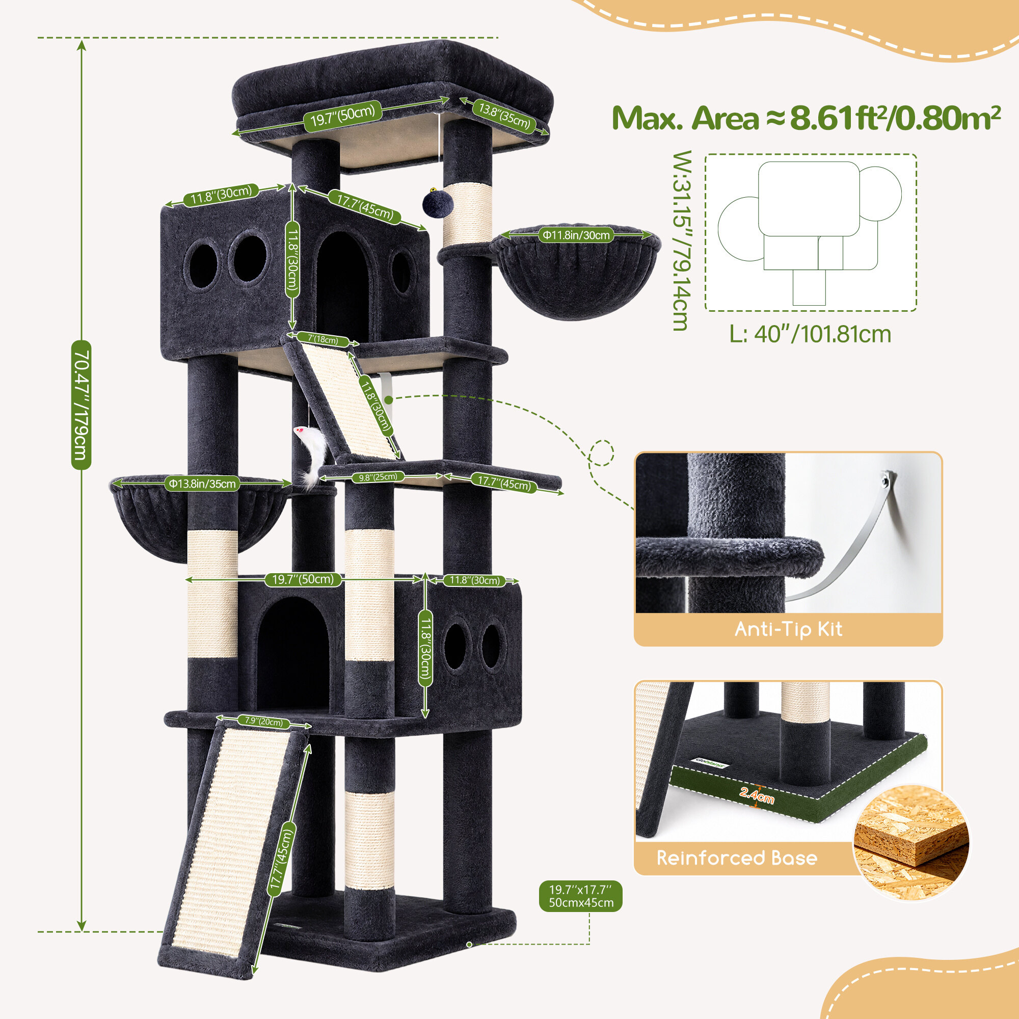 S70G Cat Tree Tower (Dark Grey, 70-inch)