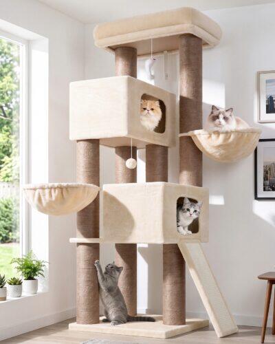 Globlazer 67in Tall Extra Thick Scratching Post Cat Tower, S67, Beige