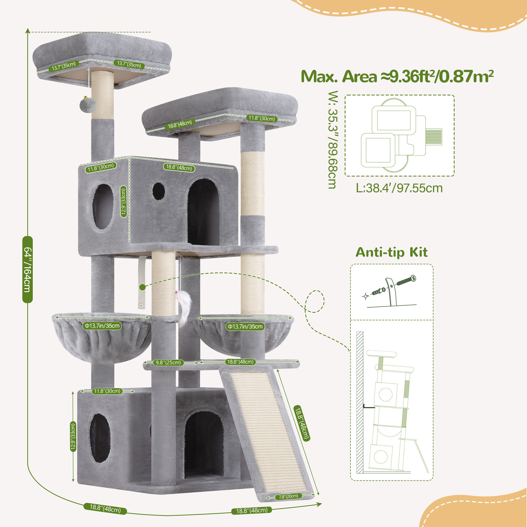 F64B Cat Tower(Light Grey,64-inch)