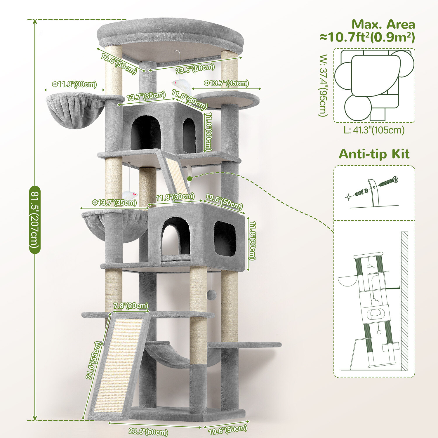 S81F Cat Tree For Large Cats(Light Grey,81-inch)