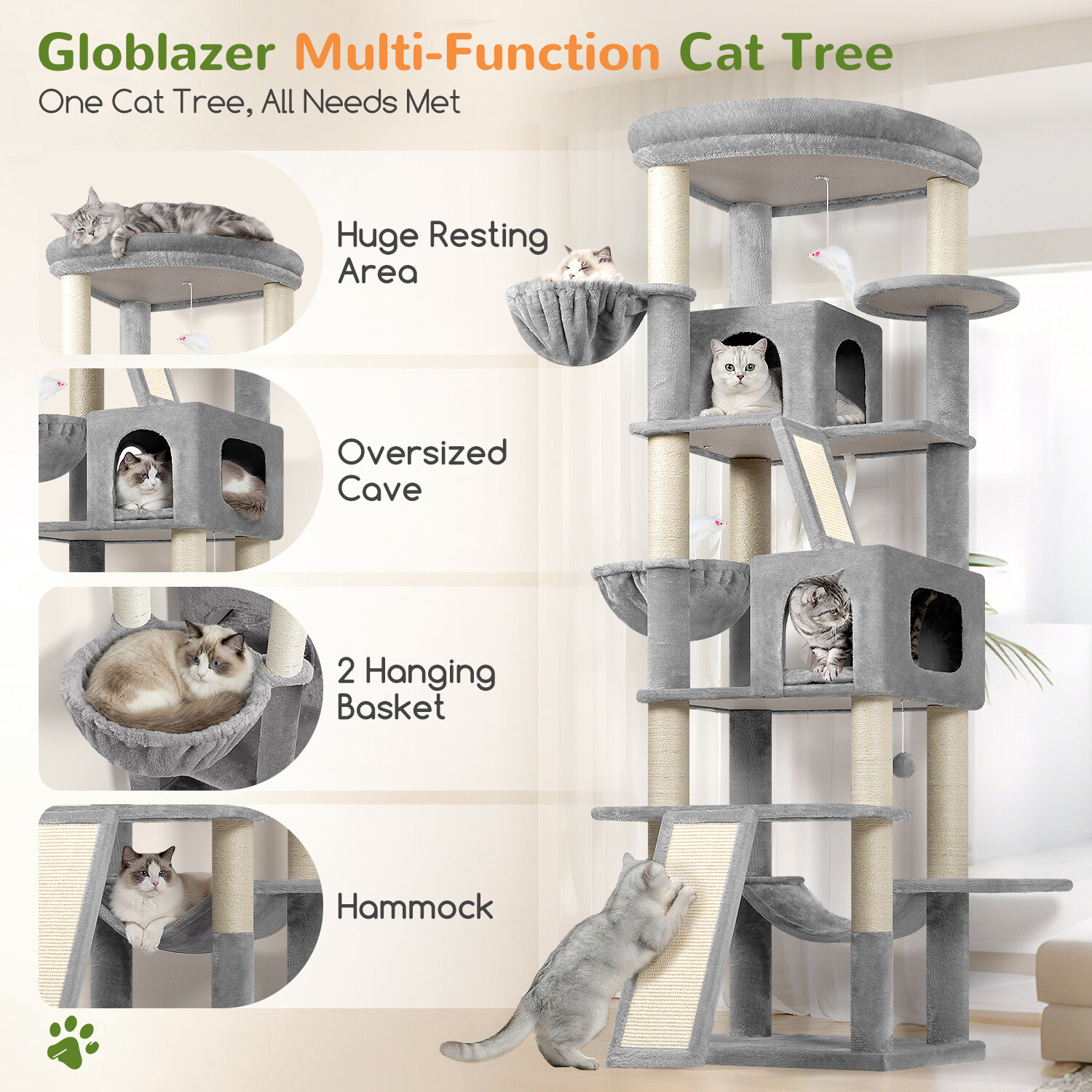 S81F Cat Tree For Large Cats(Light Grey,81-inch)