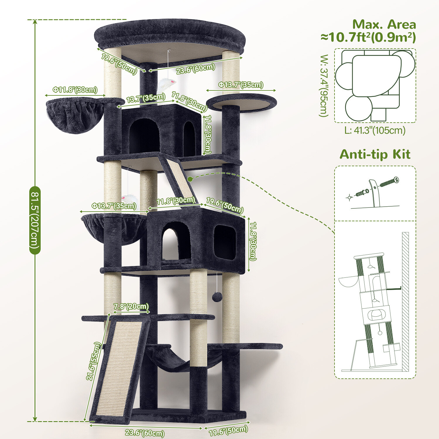 S81F Cat Tree For Large Cats(Dark Grey,81-inch)