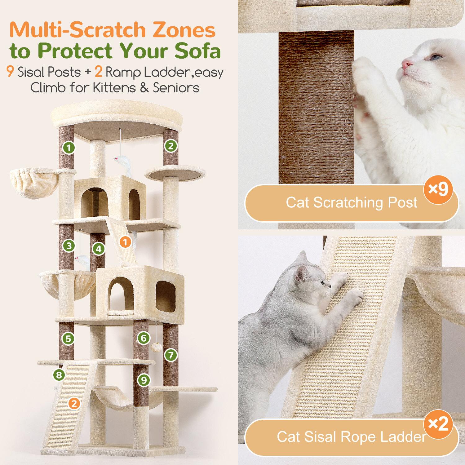 S81F Cat Tree For Large Cats(Beige,81-inch)